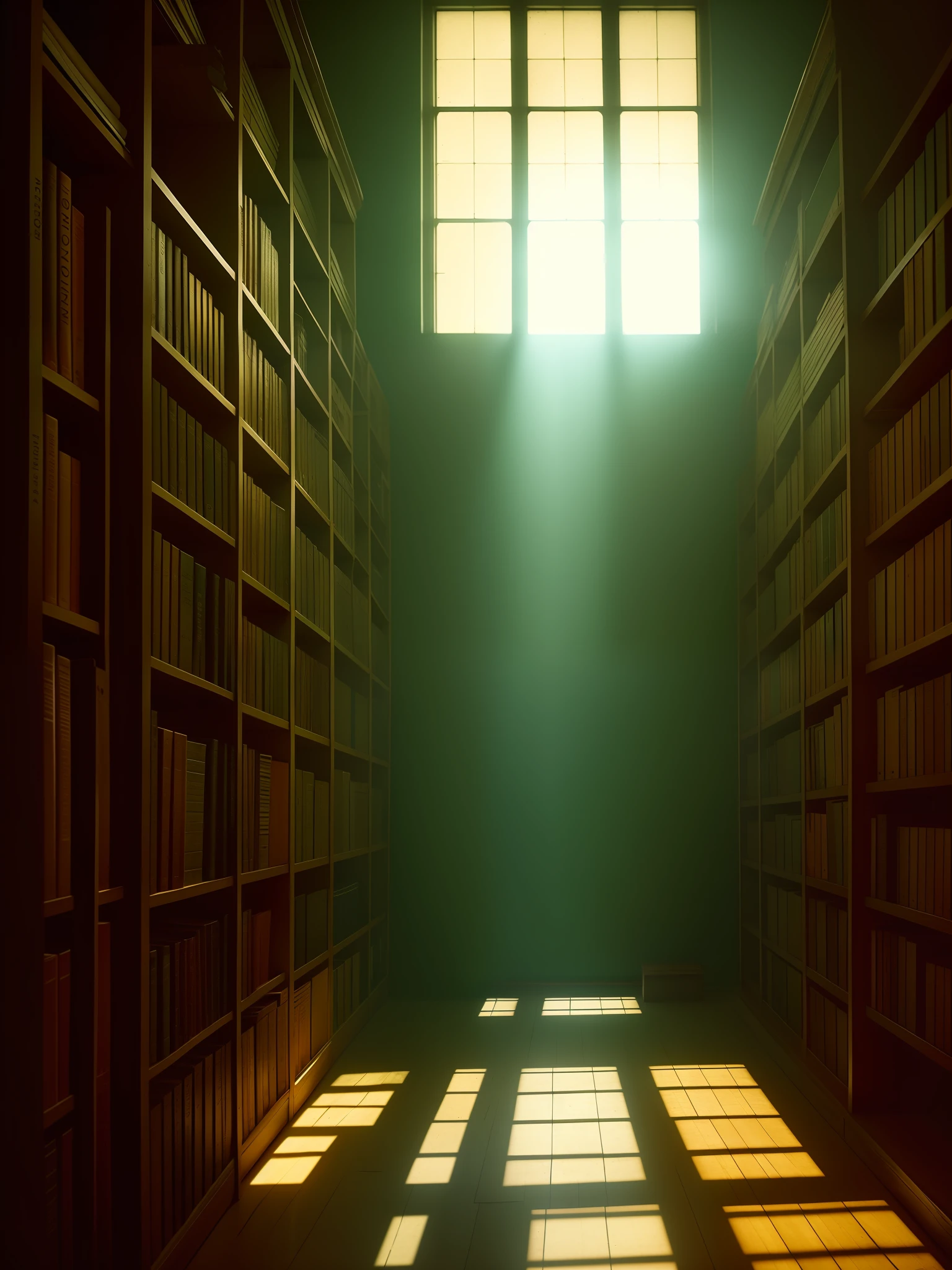 In the dimly lit room of an ancient, tattered appearance library, shelves lined with dusty books stretch into the distance, while rays of soft light filter through stained glass windows, illuminating floating particles of knowledge and mystery, Photography, captured with a wide-angle lens to capture the vastness of the library and create a sense of intrigue and reverence, --ar 9:16 --v 5