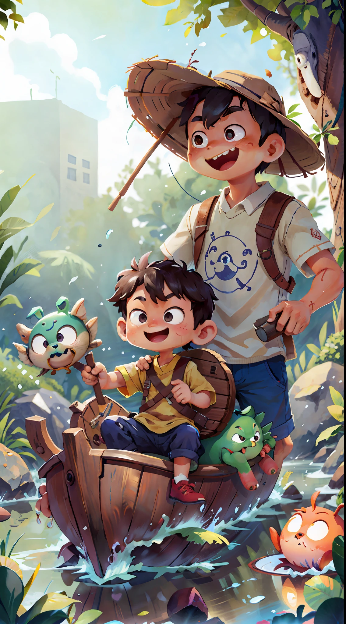 A big-eyed Chinese boy sits on a boat rowing, smiling with big eyes, the bow of the boat is in the shape of a carved wooden dragon head, the sun shines on his face, natural light, epic light and shadow, Pixar style, close-up - Upward Shot,
OC Tear Stain, Ultra Detailed, Ultra HD, 32K UHD, 3D, Blender, Textured Skin, Ultra Detailed
