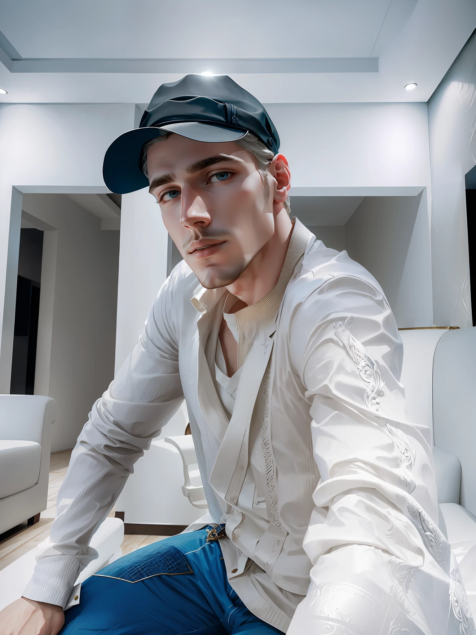 masterpiece, highest quality, (solo focus), stunning man sitting in a Chester chair, (perfect face:1.1), (high detail:1.1), dramatic, 1guy, (pale skin), (extremely detailed white hair), hair intakes, (extremely detailed white eyes), [light eyebrows], solo, long hair, white luxury suit, white fedora hat, covered navel, pouty lips, jazz club, detailed background, cinematic lighting,