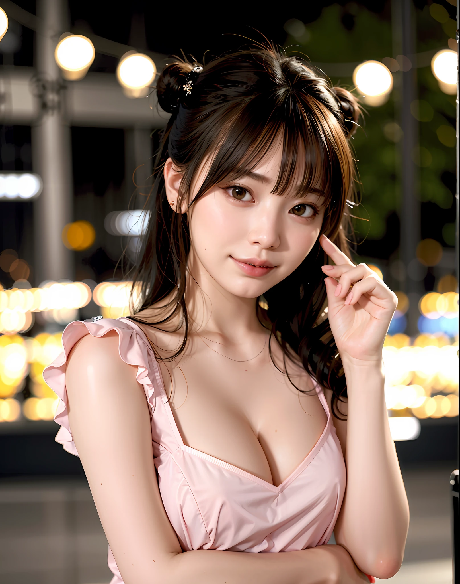 best quality, photorealistic, 8k, high res, 1girl, woman,(skindentation), large breast, (professional lighting, bokeh), (street), (people, crowds:0.6), market, (night;1.5),(double bun hair:1.0), (blouse:1.5), (portait:0.8), gorgeous, bloom, floating hair,(light particles, lens flare, glowing particles:0.6), (dynamic pose), soft lighting, (dynamic pose),
