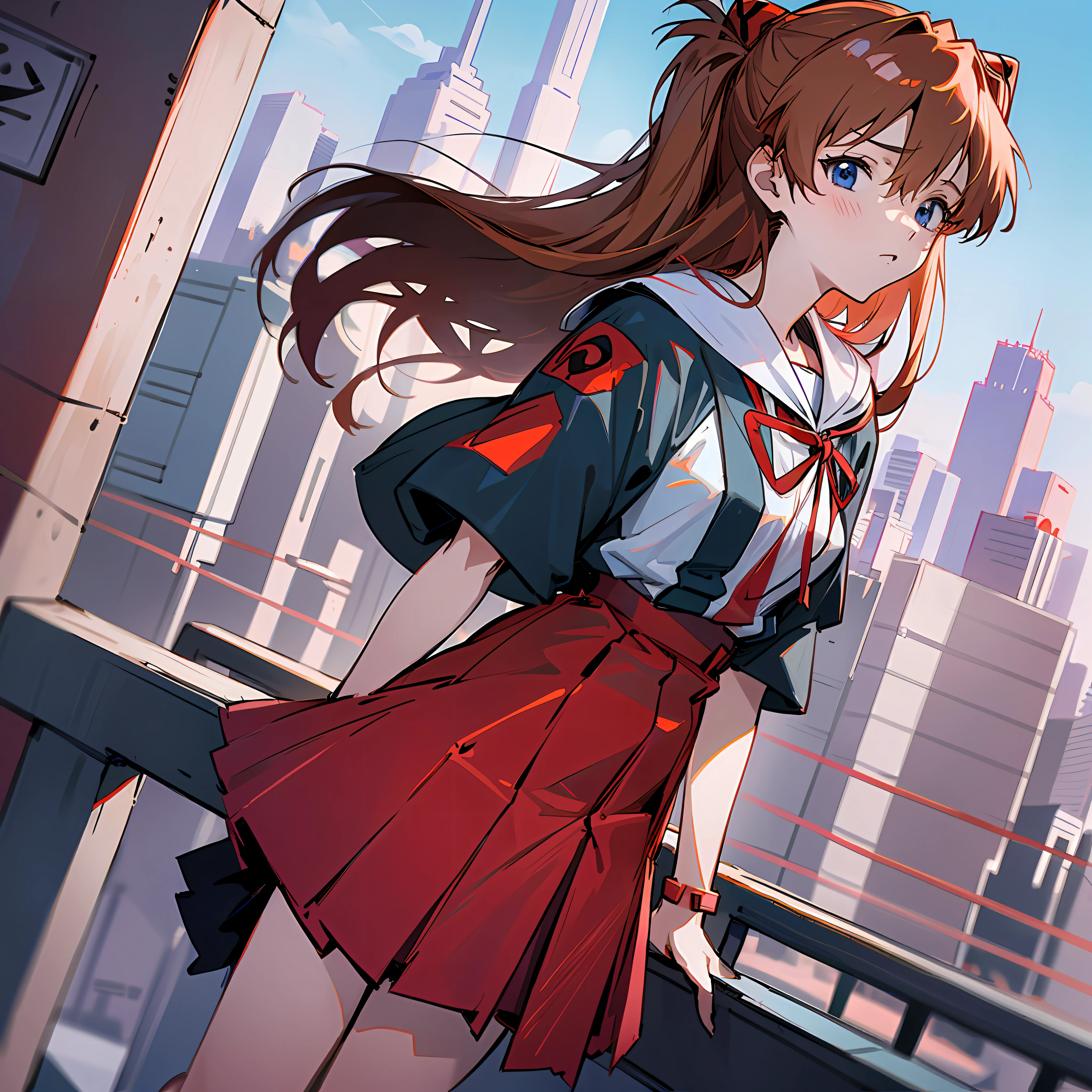 1 girl, Asuka, Evangelion, 8K, best quality, school uniform, more details,