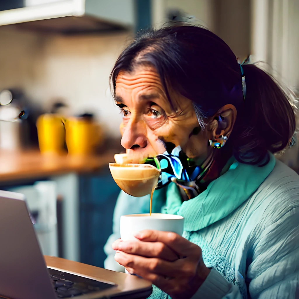 Middle-aged woman, poor, coffee, old house, ugly