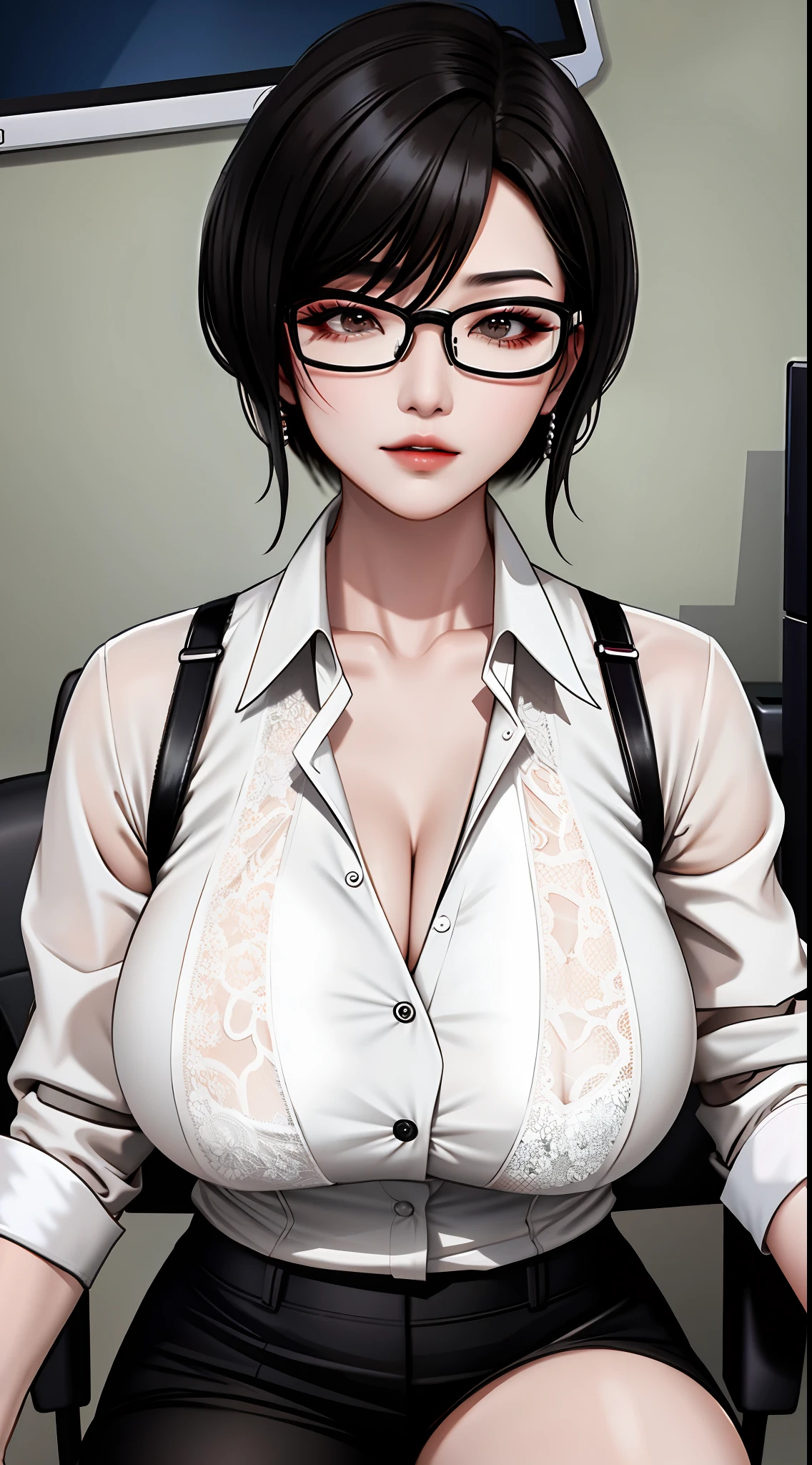 A Mature Chinese Adult, boobs popping the buttons of the white blouse, huge breasts, nerdy glasses, short chanel black hair style, hyper muscular abs, (((perfect anatomy))) , Playing on your modern gamer pc, sitting in your gamer chair .