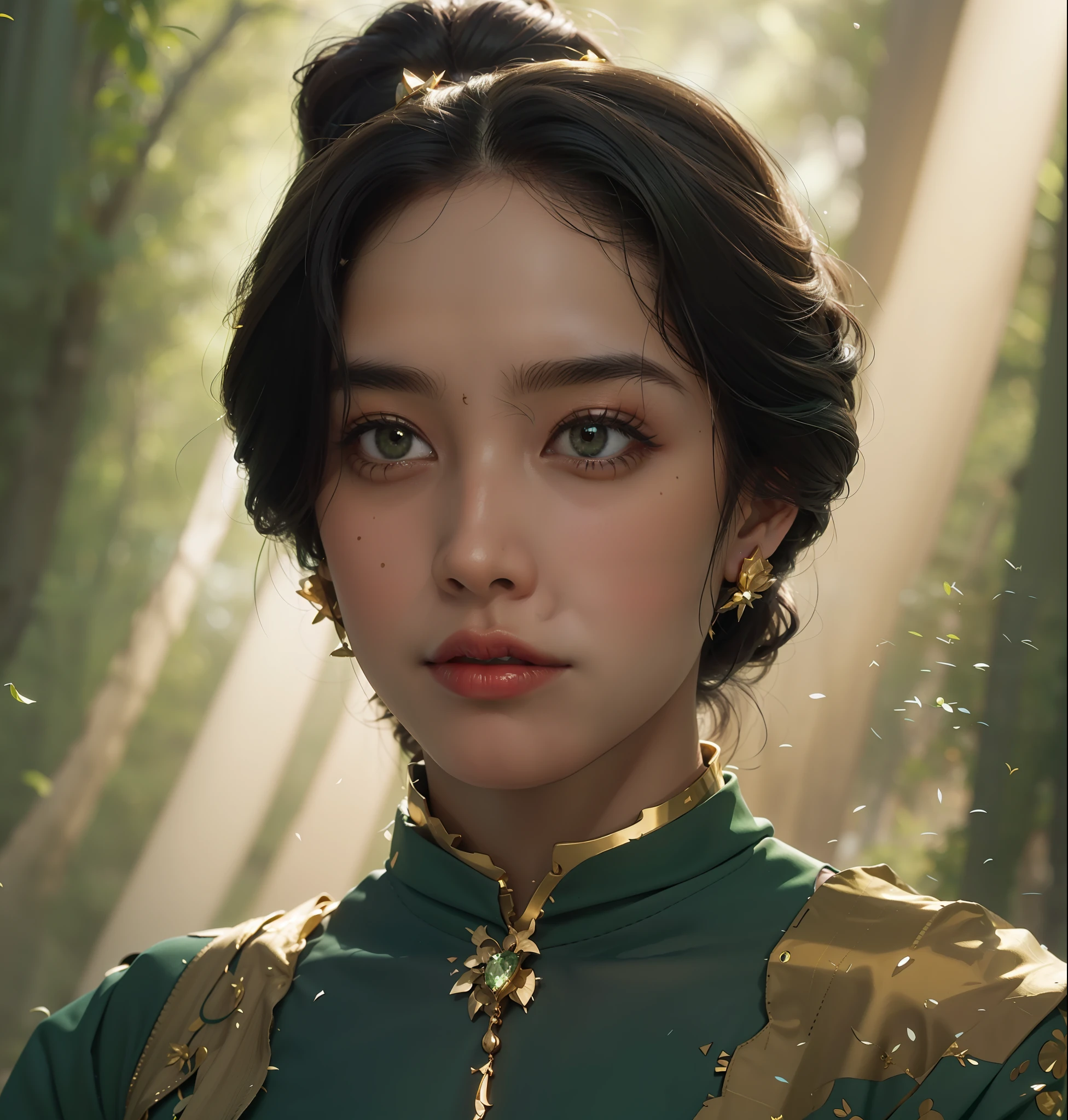 Photo of a woman in a green dress with a gold necklace, portrait of modern darna, fujita goro, potrait, portrait”, portrait of lumastina celerraria,