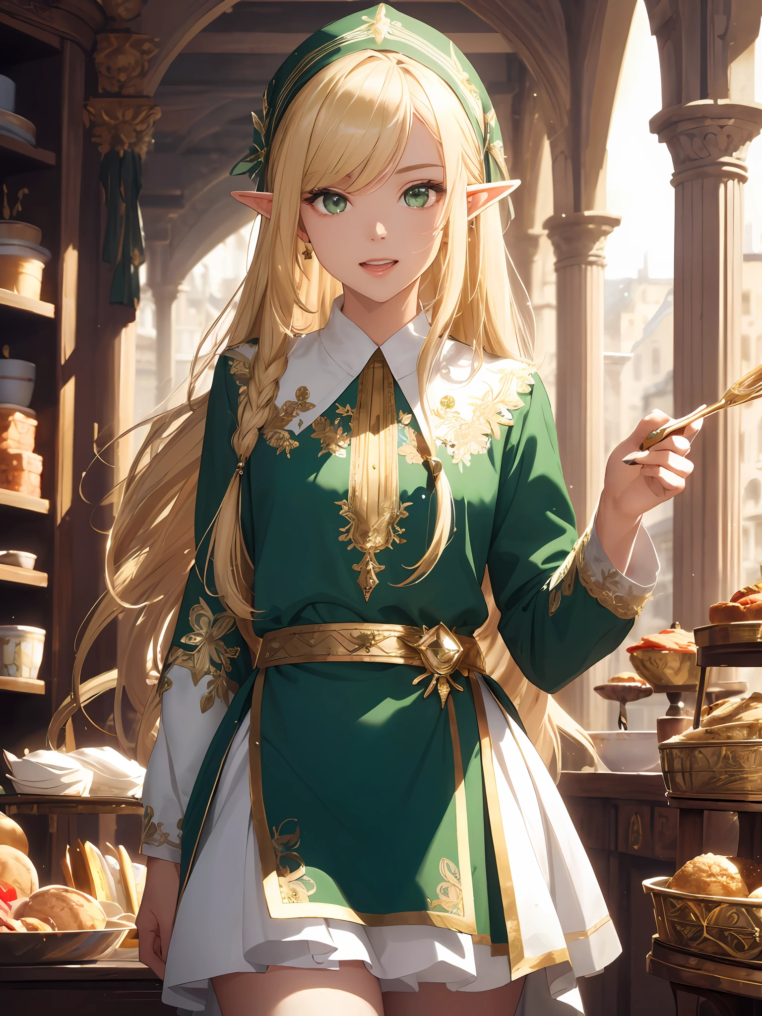 (((Masterpiece, highest quality, high definition, high detail)))), one, (Elf woman)))), (short white skirt with gold embroidery), (blonde long straight hair), (glossy dark green eyes), (green surcoat embroidered with gold), big, (Magic tool shop in the citadel city)), (There are many magic tools lined up in the store)), worried face, tilting your head, ((( Eat food deliciously)), particles of light are flying