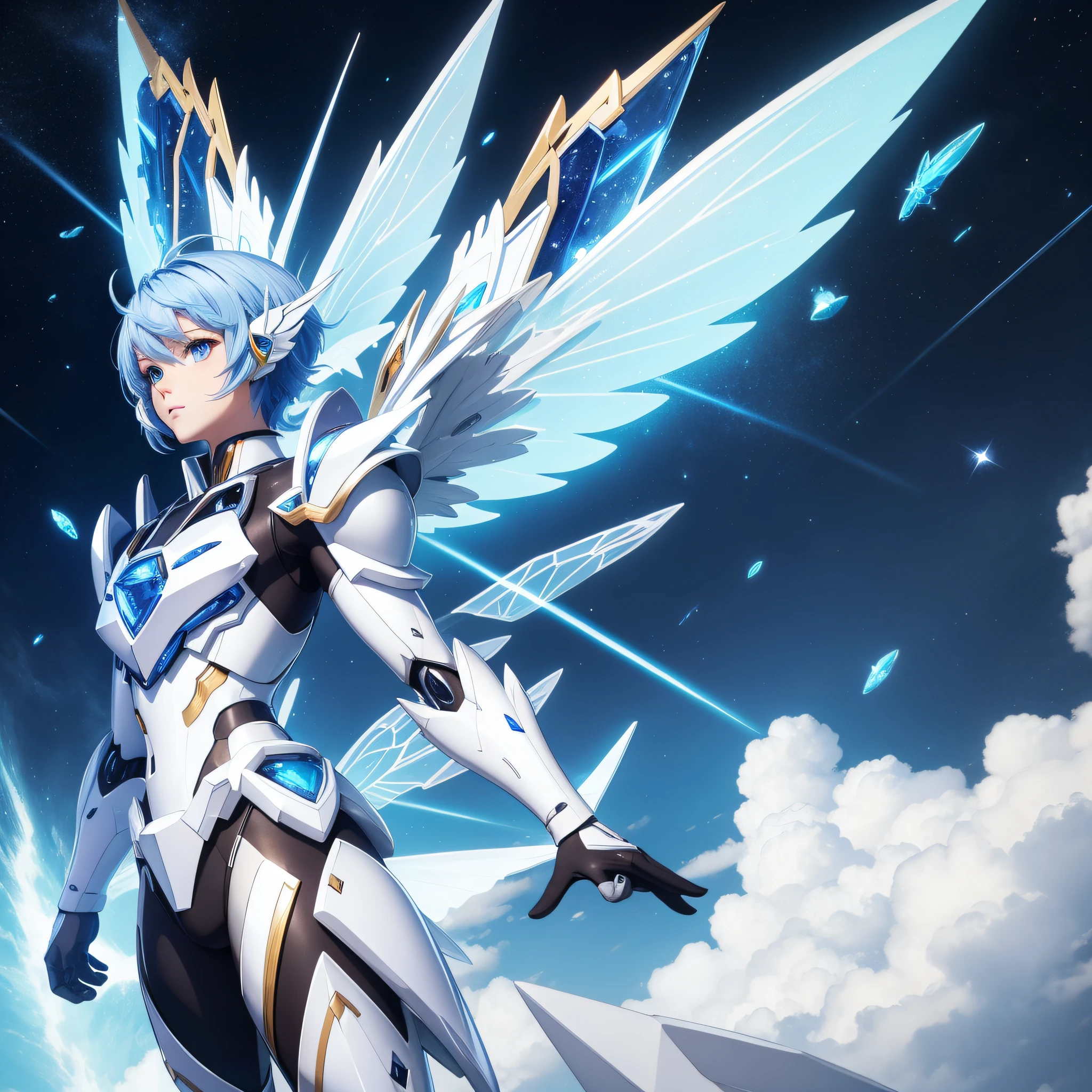 Mecha Fairy, mecha fairy wings, Male, white armor with sapphire gems, short blue hair, masterpiece, best quality
