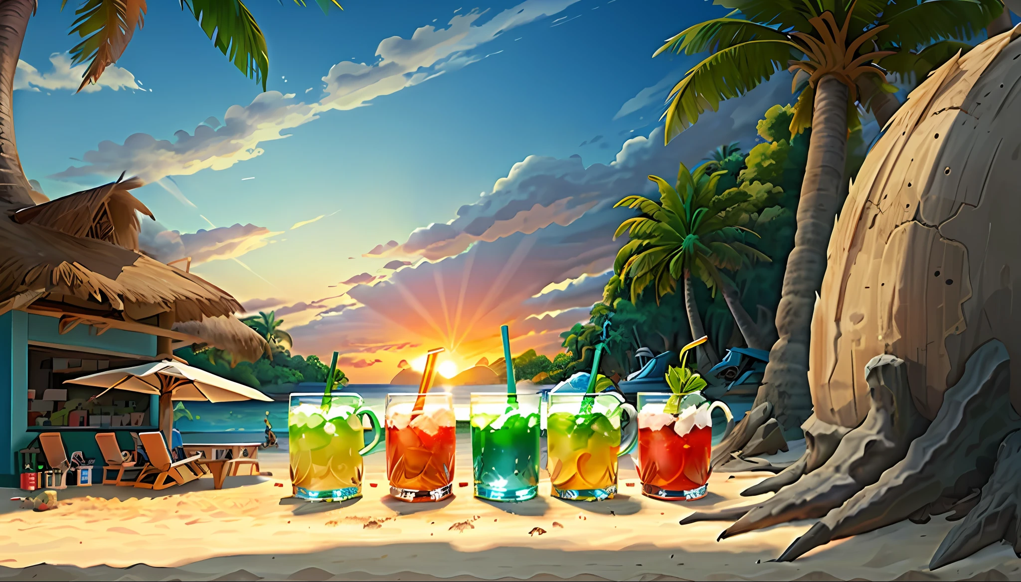 Drinks on the beach watching the sunset, coconut trees in the background, cartoon, 2D, spout