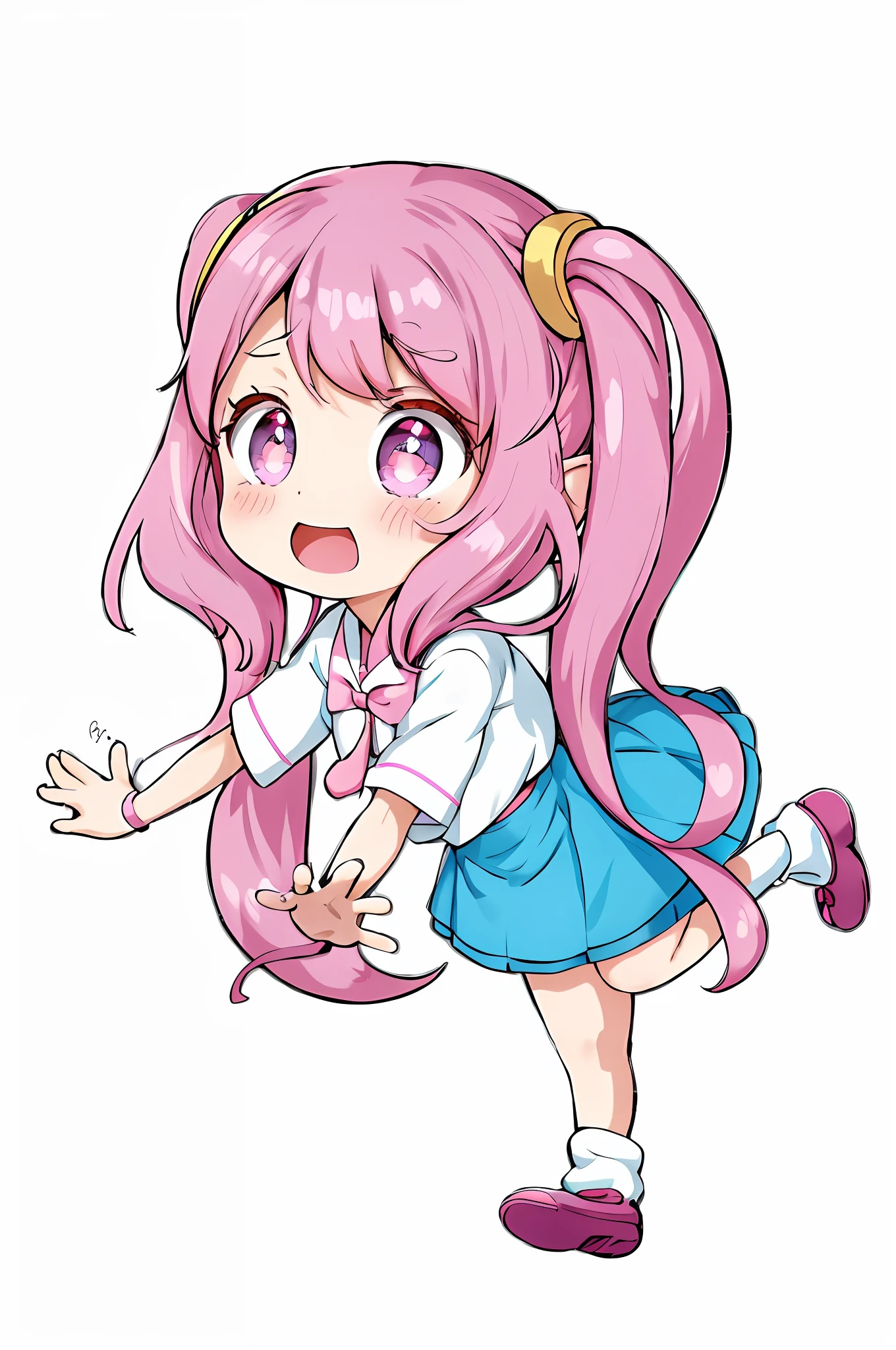 anime girl with pink hair and a blue skirt and a pink bow, the anime girl is running, anime moe artstyle, chibi anime girl, pink twintail hair and cyan eyes, chibi monster girl, the anime girl is crouching, young anime girl, anime chibi, anime monster girl, humanoid pink female squid girl, an anime girl, cute anime girl