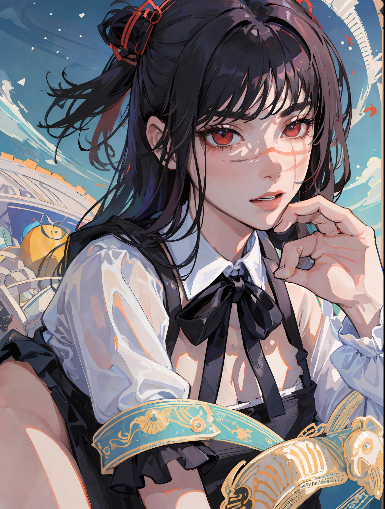 ((masterpiece, best quality)), (1girl), (solo), (female focus), yoru \(chainsaw man\),(very detailed face, real image, realistic white skin, realistic body, intricate details), upper body, focus on face, intimidating look, black pinafore dress, neck ribbon, small breasts
