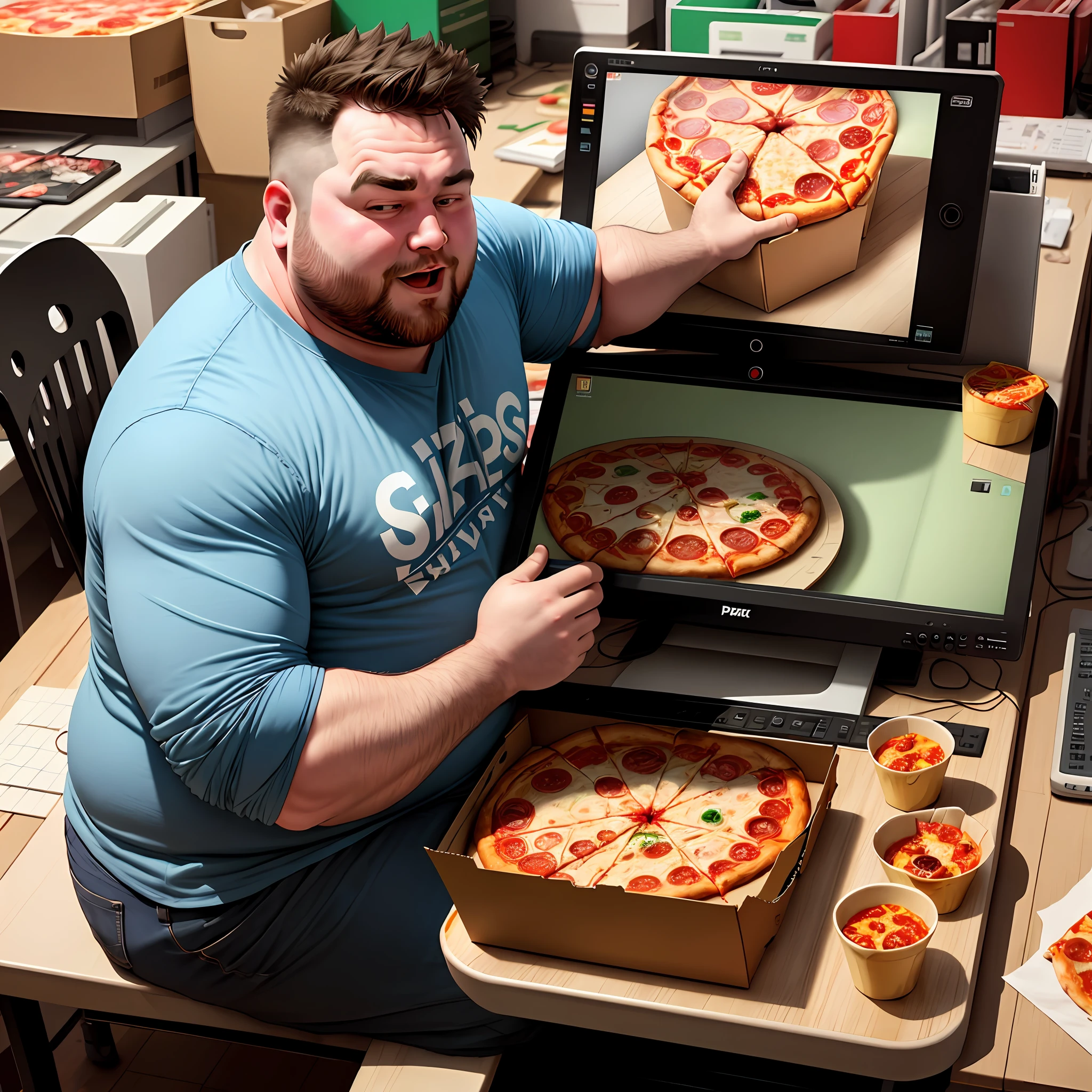 A fat guy sitting on pc eating pizza
