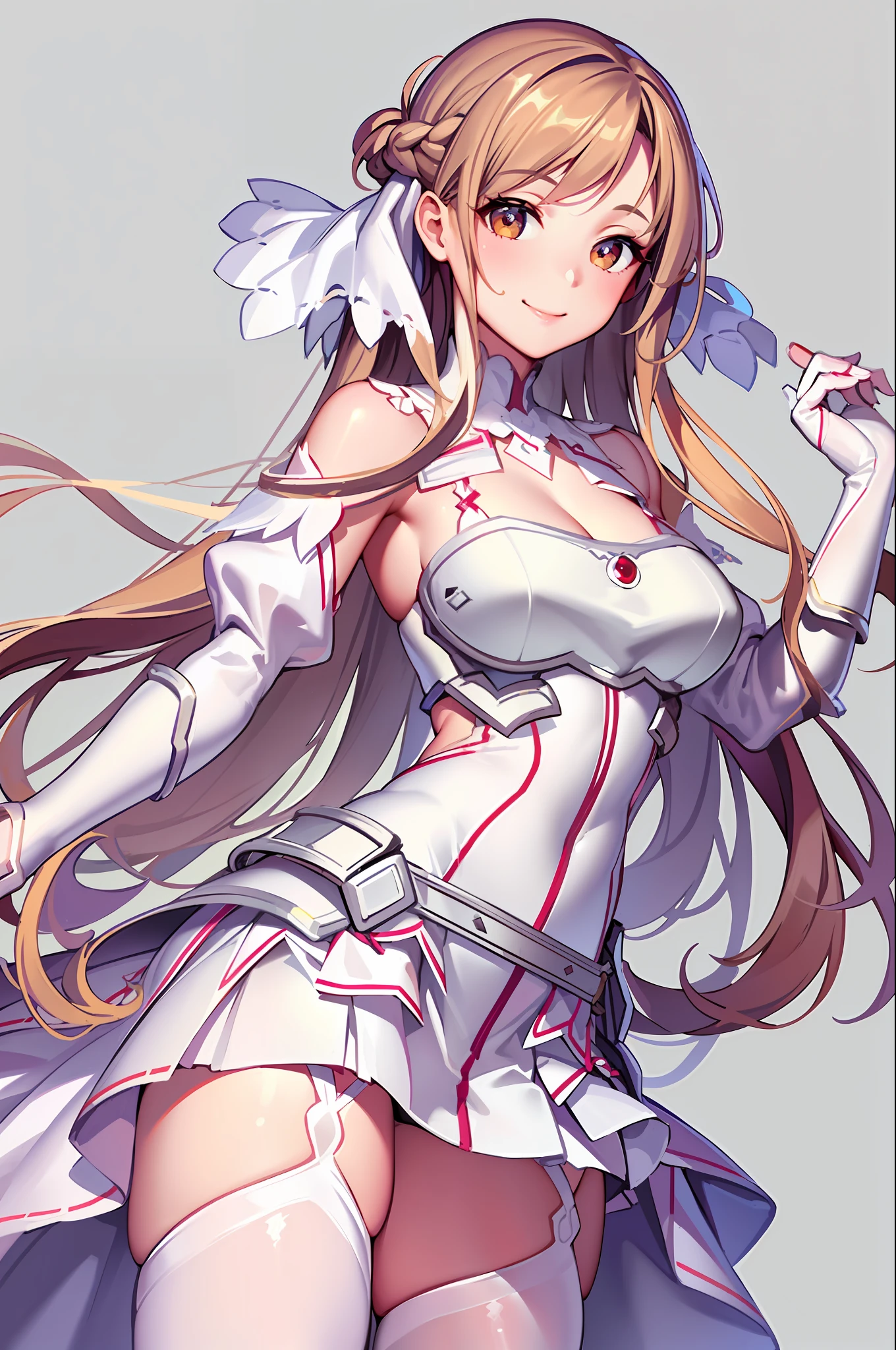 ((masterpiece)), best quality, ultra detailed,(1girl), long hair,beatiful background ,((a dress with white stockings on garters)), breasts, curvy body, smiling