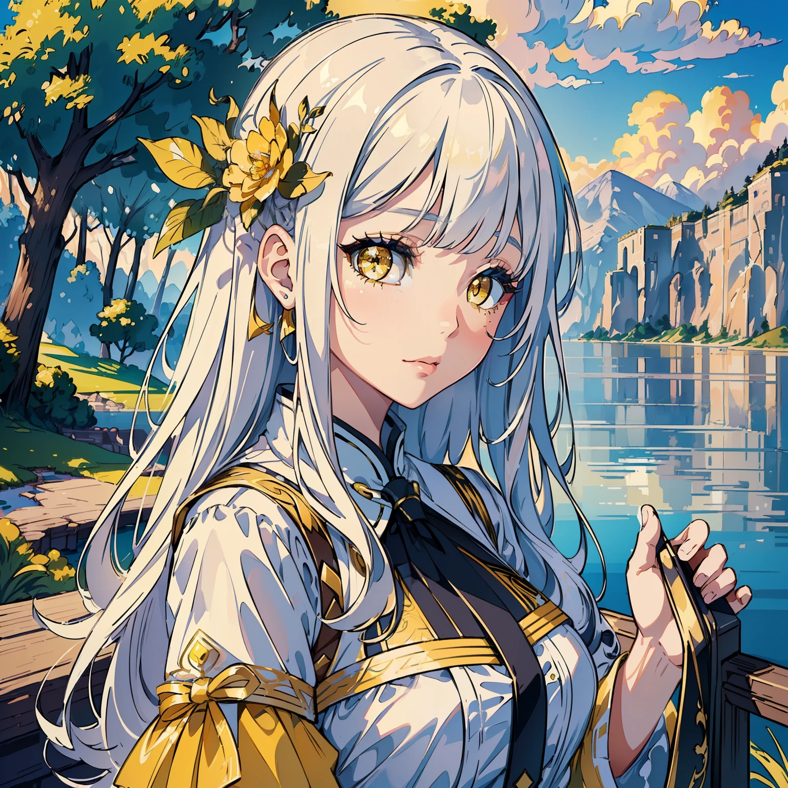 (masterpiece:1.2), (artwork:1.2), (amazing workmanship:1.2), (eye details:1.3), (portrait:1.1), (1girl) with long white hair with (bangs)wearing a nice white blouse, (detailed 8k CG scenery:1.3), beautiful background of amazing lake scenery, (vibrant bright sparkling yellow eyes:1.2), (Wlop style:1.4)