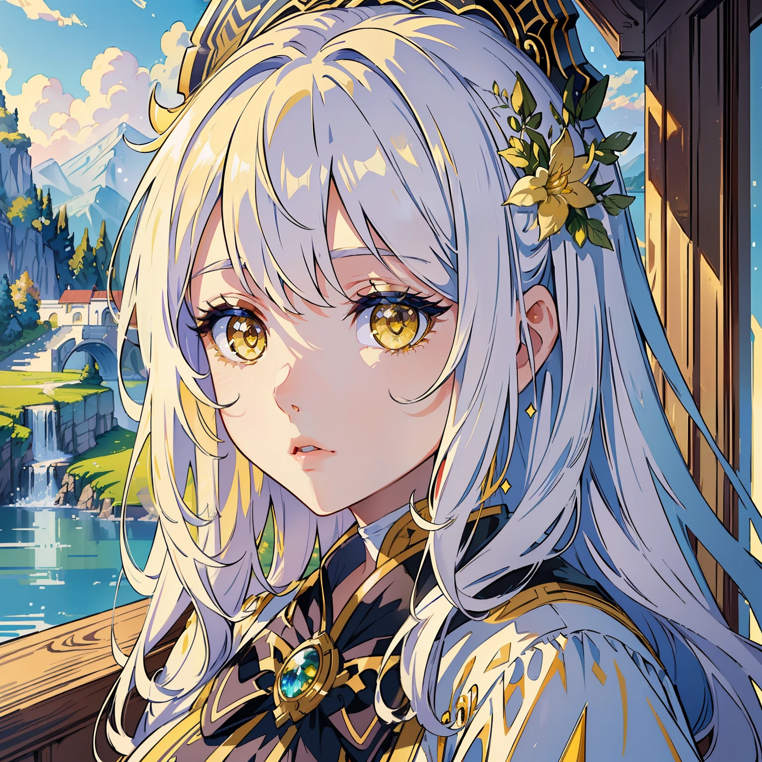 (masterpiece:1.2), (artwork:1.2), (amazing workmanship:1.2), (eye details:1.3), (portrait:1.1), (1girl) with long white hair with (bangs)wearing a nice white blouse, (detailed 8k CG scenery:1.3), beautiful background of amazing lake scenery, (vibrant bright sparkling yellow eyes:1.2), (Wlop style:1.4)