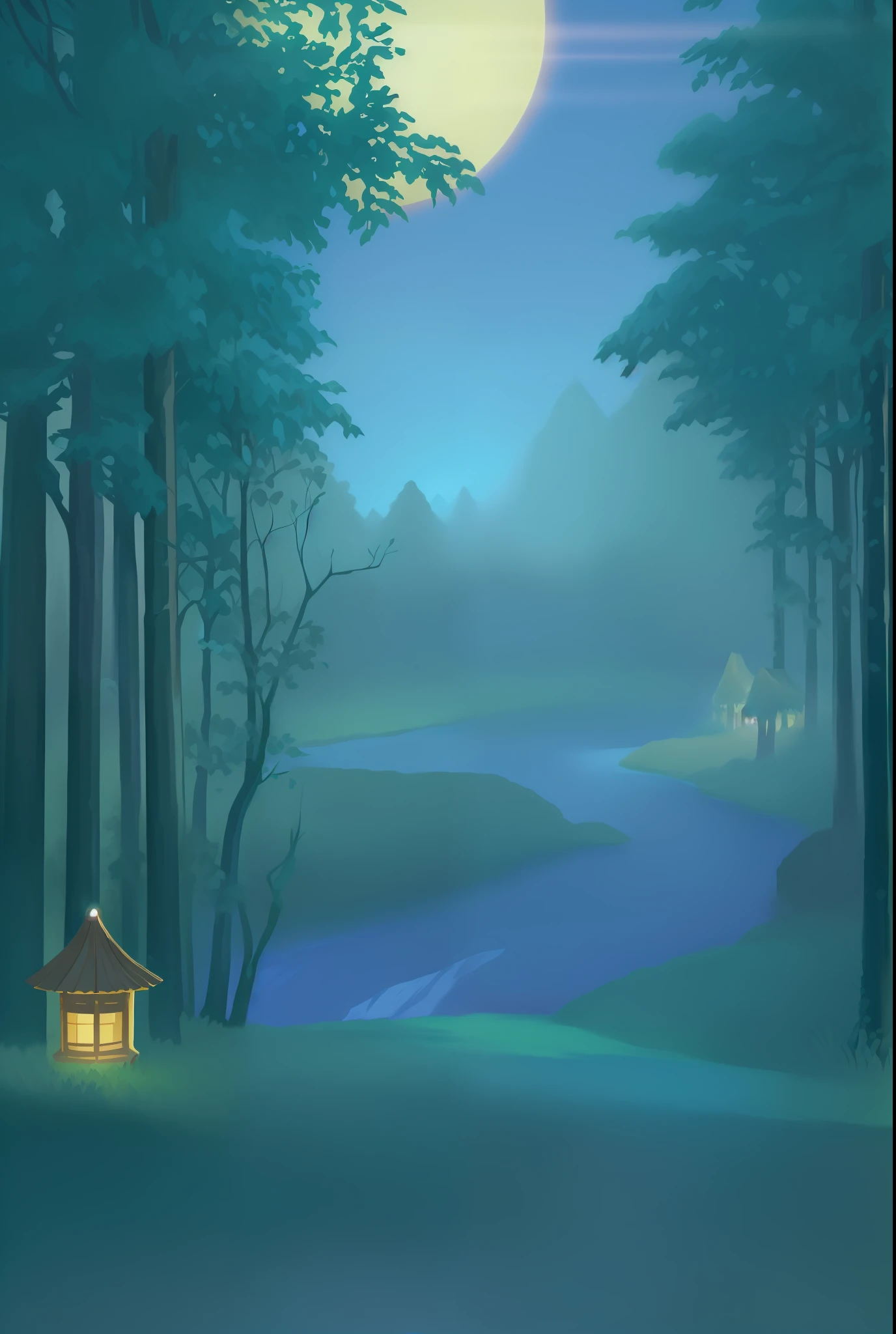 a close up of a cartoon style scene of a river and trees, background artwork, background art, 2 d game art background, elf forest background, magical forest background, mystical forest background, magical forest backround, fantasy forest background, calm night. digital illustration, fairy tale style background, night forest background, magical forest in the background, peaceful lushious forest