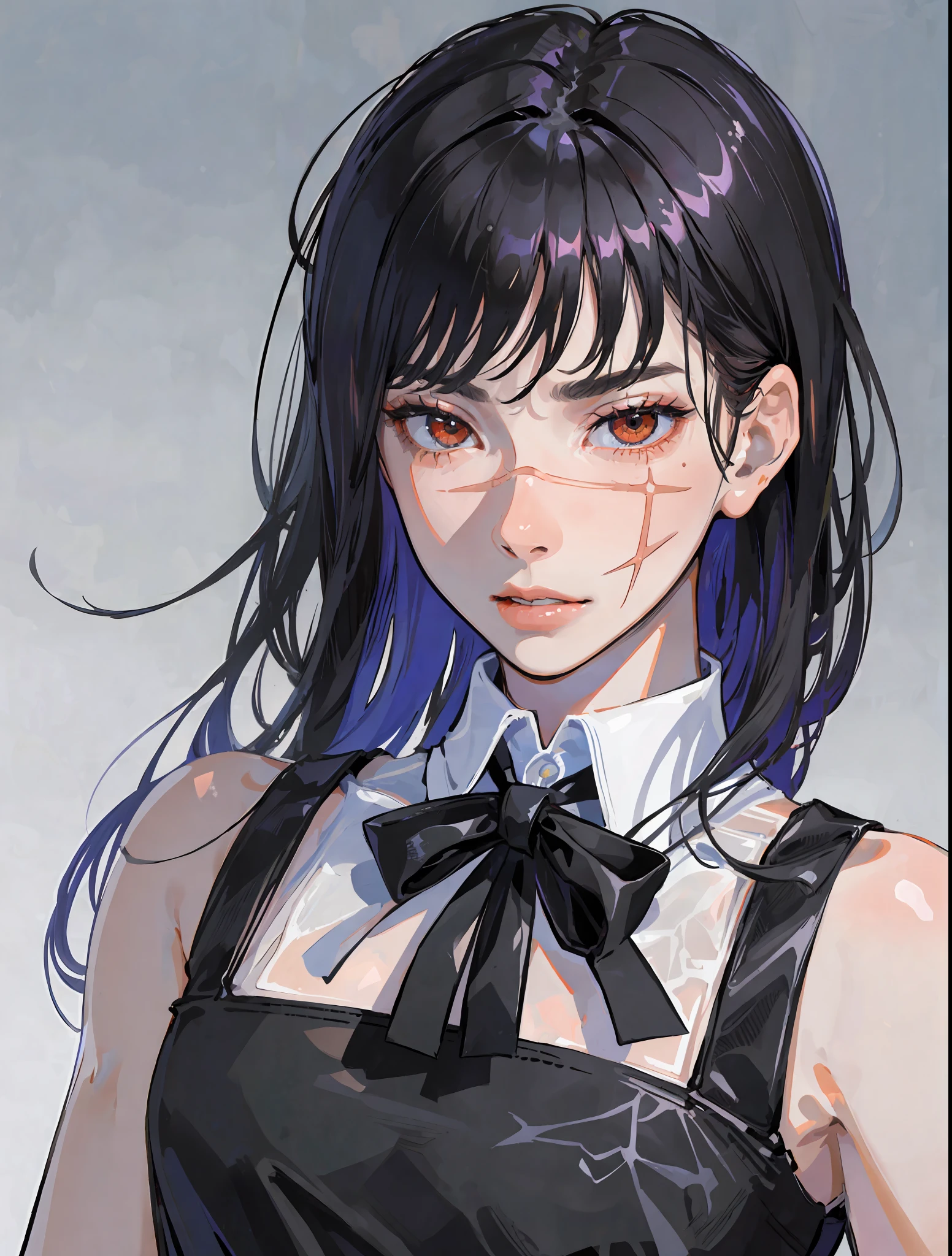 ((masterpiece, best quality)), (1girl), (solo), (female focus), yoru \(chainsaw man\),(very detailed face, real image, realistic white skin, realistic body, intricate details), upper body, focus on face, intimidating look, black pinafore dress, neck ribbon, small breasts