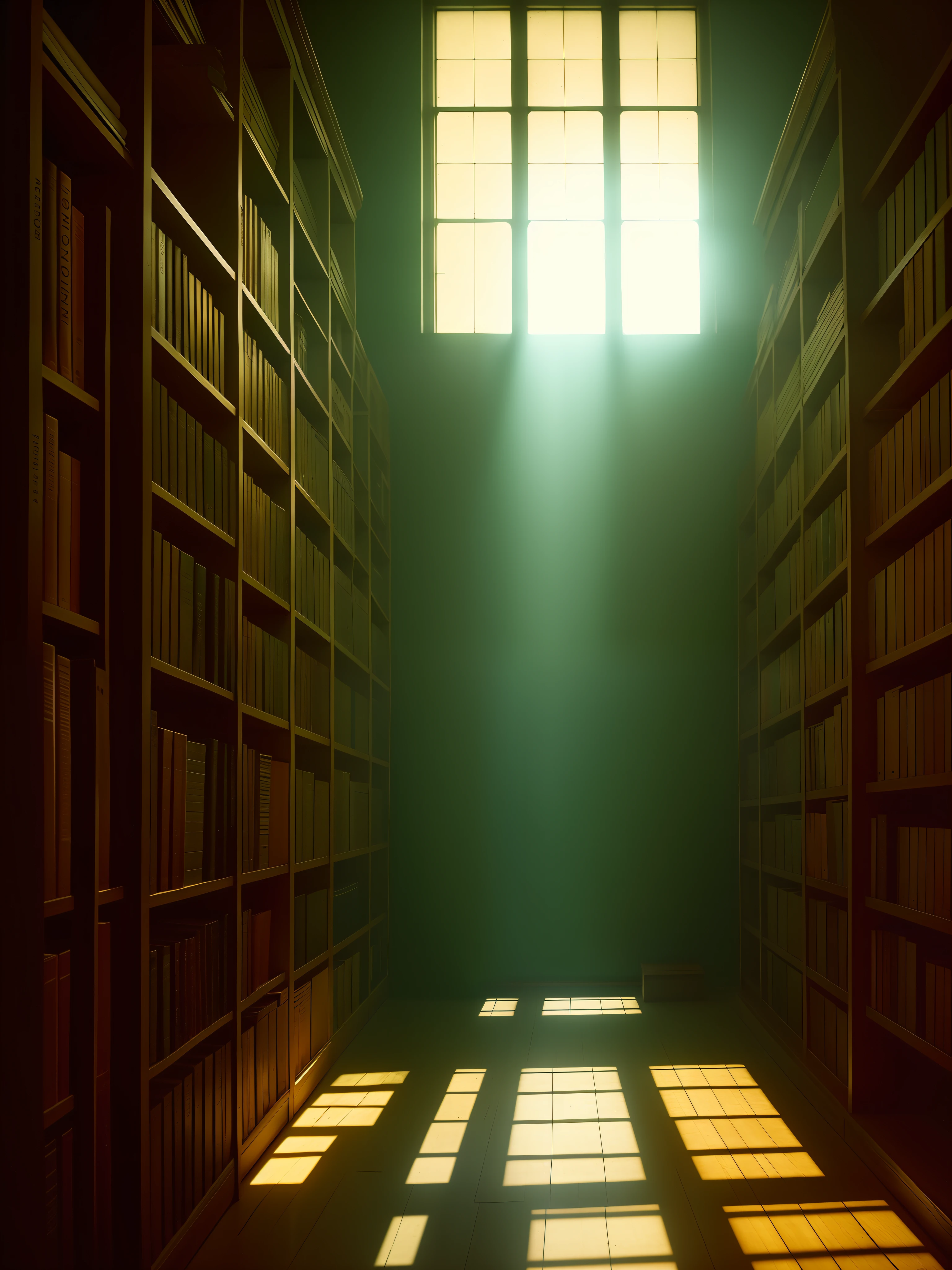 In the dimly lit room of an ancient, tattered appearance library, shelves lined with dusty books stretch into the distance, while rays of soft light filter through stained glass windows, illuminating floating particles of knowledge and mystery, Photography, captured with a wide-angle lens to capture the vastness of the library and create a sense of intrigue and reverence, --ar 9:16 --v 5