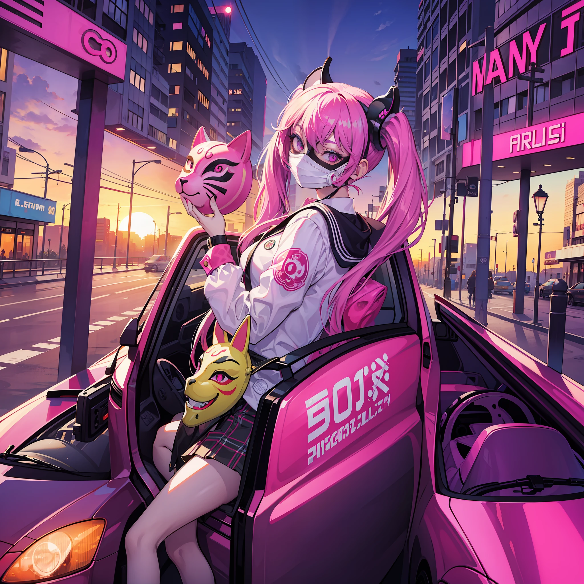 masterpiece, absurdity, hi-res, twintails, one girl, solo, psychedelic, hotline miami, handgun, city, car, street, 80s, retrowave, aim at the viewer, sunset, animal mask, grotesque mask, wearing animal mask, heist
