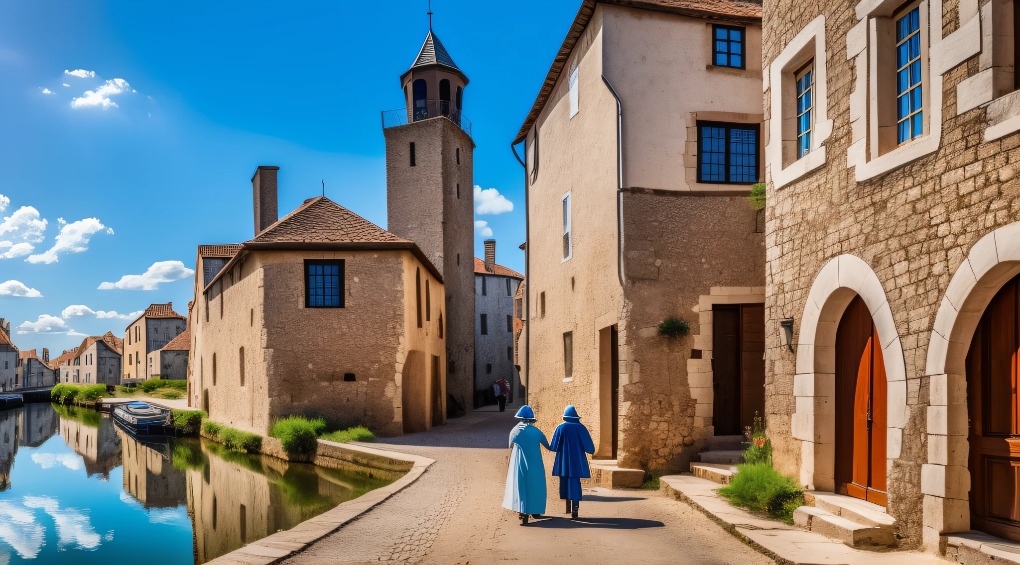 A medieval nobleman and a back fisherman, walking on a street of a medieval town