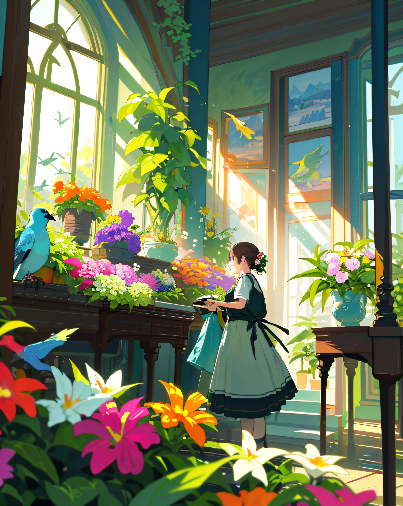 ((Masterpiece, Top Quality)), High Detail, 4K,, Florist, indoors with sunlight, colorful flowers, plants, flowers, decoration, birds,.