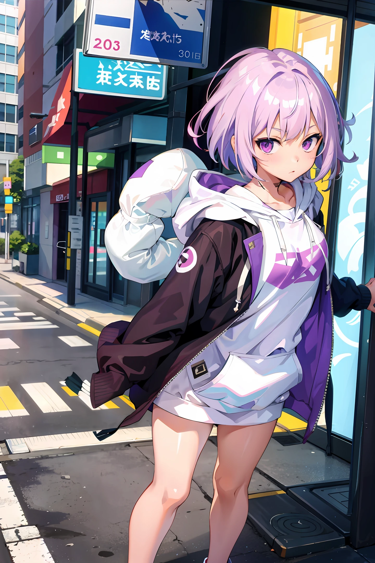 anime girl, white short hair, purple eyes, hoodie, pc, streamer, vtuber, street style