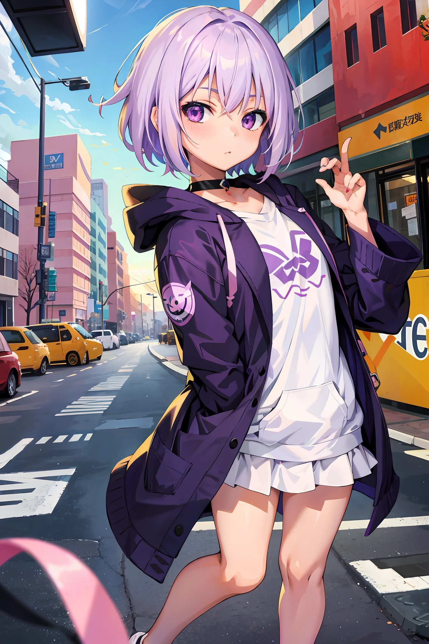 anime girl, white short hair, purple eyes, hoodie, pc, streamer, vtuber, street style