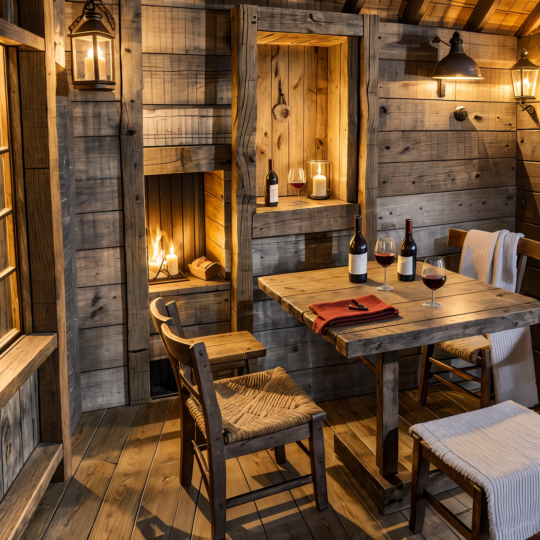 a romantic setting in a wooden hut, on a winter night, with fireplace lit, no people, just a small and rustic table under candlelight, yellow half light lighting, a broken piece of rustic chocolate next to a piece of Swiss cheese, a glass of red wine, all on a small rustic wooden table, only two chairs, with lit candles on the small rustic table, with a bottle of wine REDS PRODUCER DOMAINE CLARENCE DILLON BORDEAUX REGION on the small rustic table, with only two beautiful and large glasses with the wine on the small rustic table, red silk towels on the small rustic table, colorful flowers on the small rustic table gracing the cozy and cozy atmosphere of the small winter hut --auto --s2