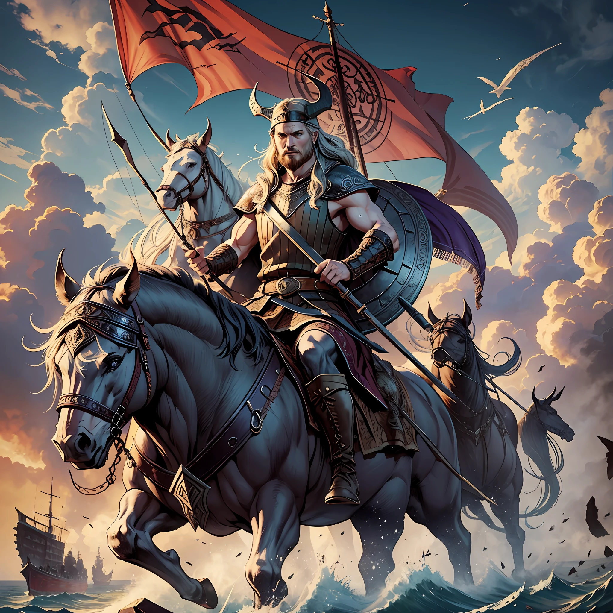imagine vikings conquering territory in war on ships, full body illustrative viking, detailed artwork, cinematic lighting, hyper-realistic --auto --s2