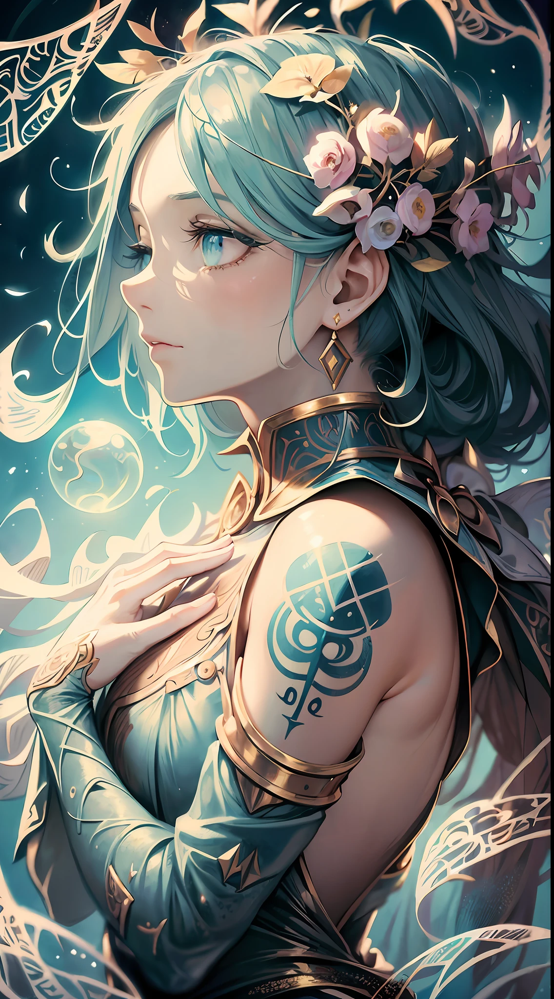 Beautifully and picturesquely detailed portrait of an elegant cloud angel girl in the style of the sun goddess. Surrealism, tattoos, planets, bubbles and dried flowers, hyperrealism. Rolf Armstrong, Craig Davison, Artgerm, Fragonard. A masterpiece of the 18th century, bright pastel colors, sharp focus, slickness, oil painting, heavy brushstrokes, cinematic portrayal of characters, exquisite clothing, intricate fabric. Vogue fashion shoot. super correct hands and fingers, 1 head, no head cut