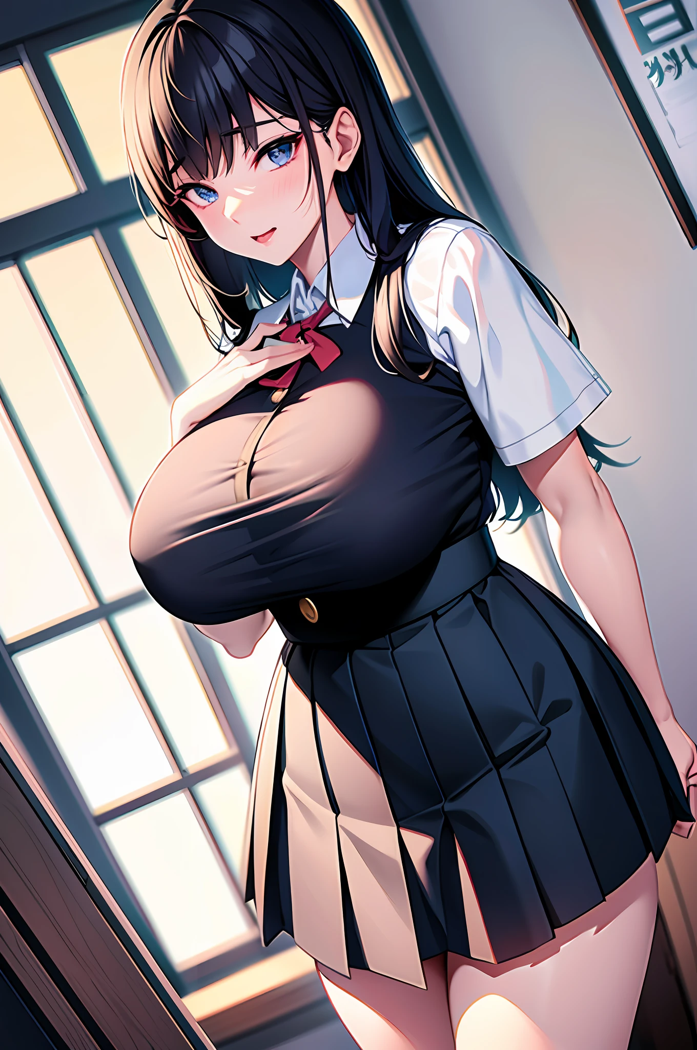 School girl in white blouse and green check skirt, long untied black hair, pinched eyes, long eyelashes, good style and fairly large breasts, white underwear with skirt turned upside down, pose to highlight big breasts, naughty big, naughty anime style, beautiful anime school girls, surreal school girls, surrealist school girls, seductive anime girls, realistic school girls, big highlighted, naughty anime style,  naughty thighs, naughty thighs, soft anime CG art, surrealist school girls, super realistic school girls, seductive anime girls, realistic school girls, soft anime CG art, anime girls, beautiful anime school girls, beautiful anime girls, beautiful anime girls, beautiful attractive anime teens, naughty anime styles, realistic anime girl rendering, during, nipple exposure
