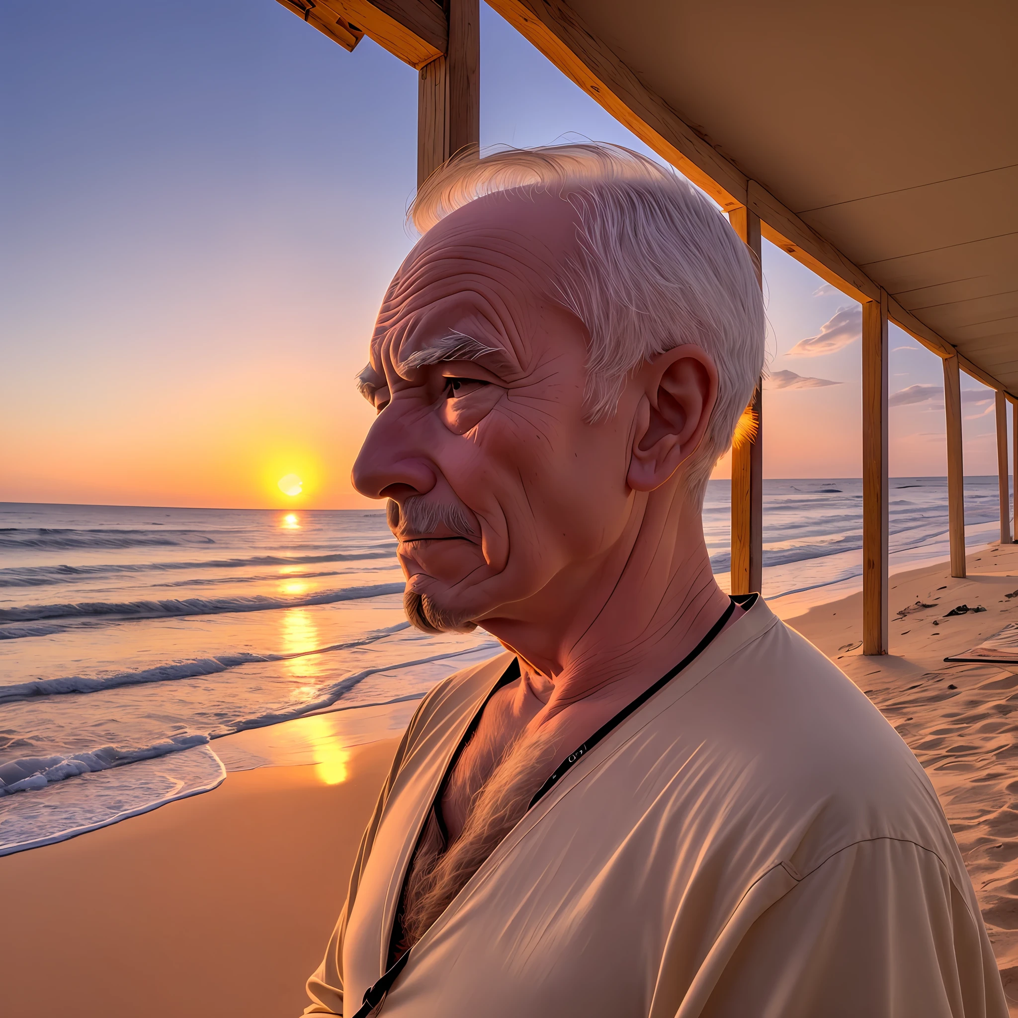 On the beach by the sea, an old man facing the sunset is smoking