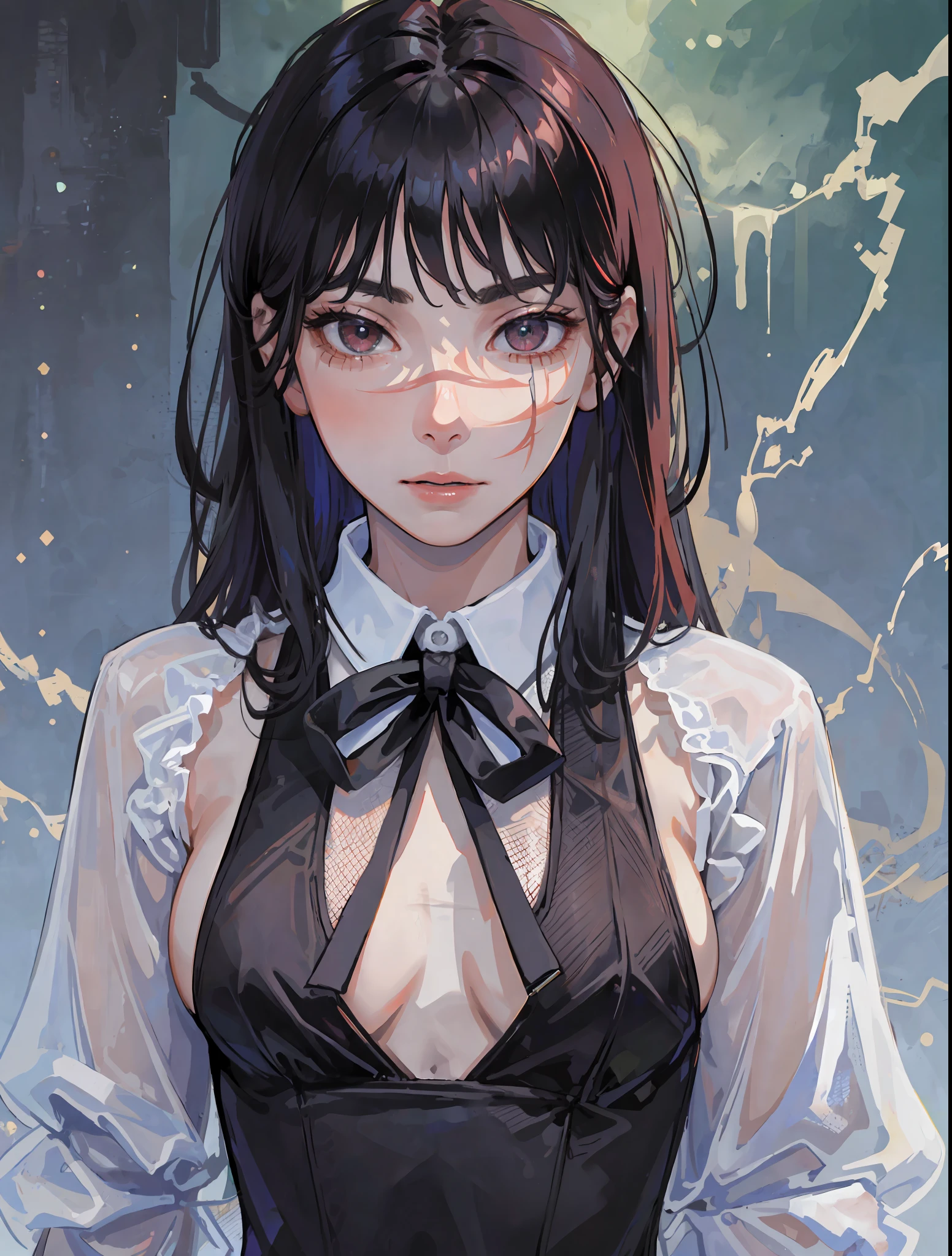 ((masterpiece, best quality)), (1girl), (solo), (female focus), yoru \(chainsaw man\),(very detailed face, real image, realistic white skin, realistic body, intricate details), upper body, focus on face, intimidating look, black pinafore dress, neck ribbon, small breasts