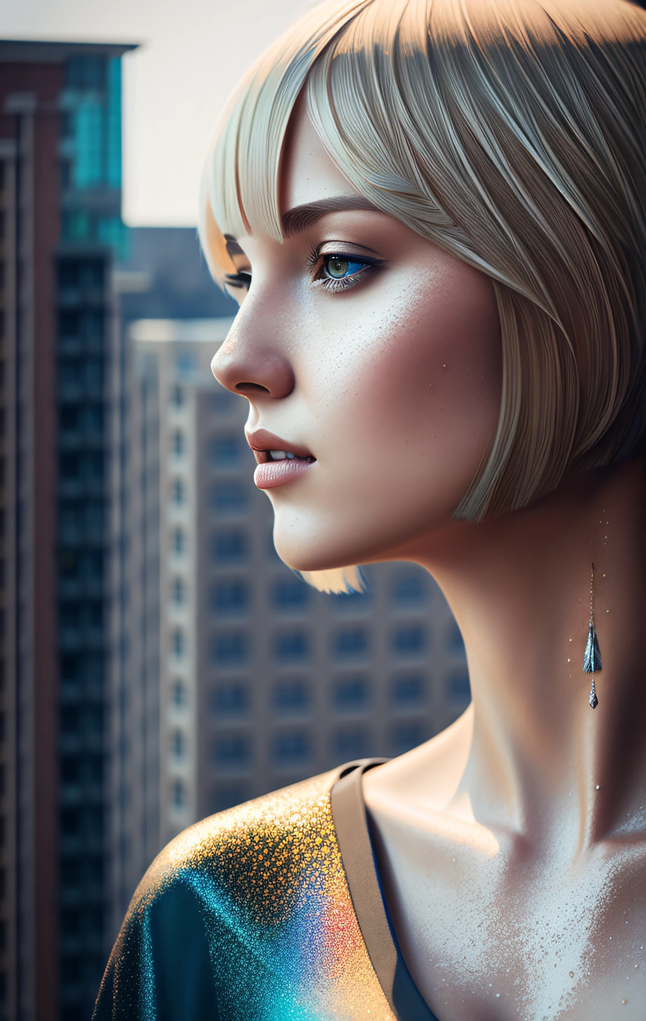 beautiful woman, short blonde hair, bob cut, t-shirt, wet, on the ledge of a building, intricate, elegant, sharp focus, illustration, highly detailed, digital painting, concept art, matte