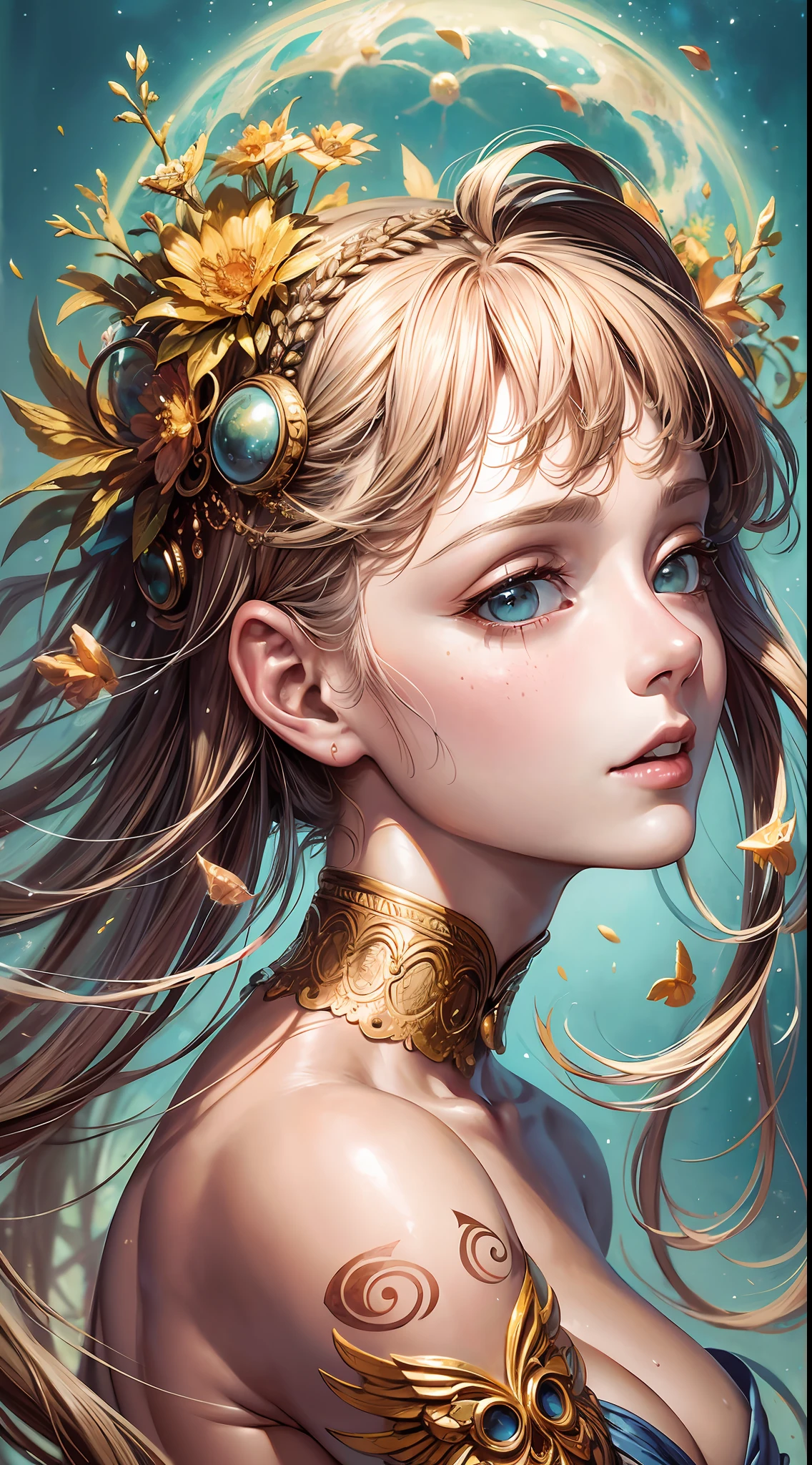 Beautifully and picturesquely detailed portrait of an elegant cloud angel girl in the style of the sun goddess. Surrealism, tattoos, planets, bubbles and dried flowers, hyperrealism. Rolf Armstrong, Craig Davison, Artgerm, Fragonard. A masterpiece of the 18th century, bright pastel colors, sharp focus, slickness, oil painting, heavy brushstrokes, cinematic portrayal of characters, exquisite clothing, intricate fabric. Vogue fashion shoot. super correct hands and fingers, 1 head, no head cut