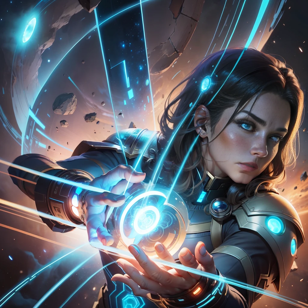 An illustration of a space stone from the Marvel movie Avengers. The stone is blue and has an oval shape. It glows with an intense light and has a symbol of a circle with four curved lines around it. The stone is able to open portals to other places in the universe. --auto --s2