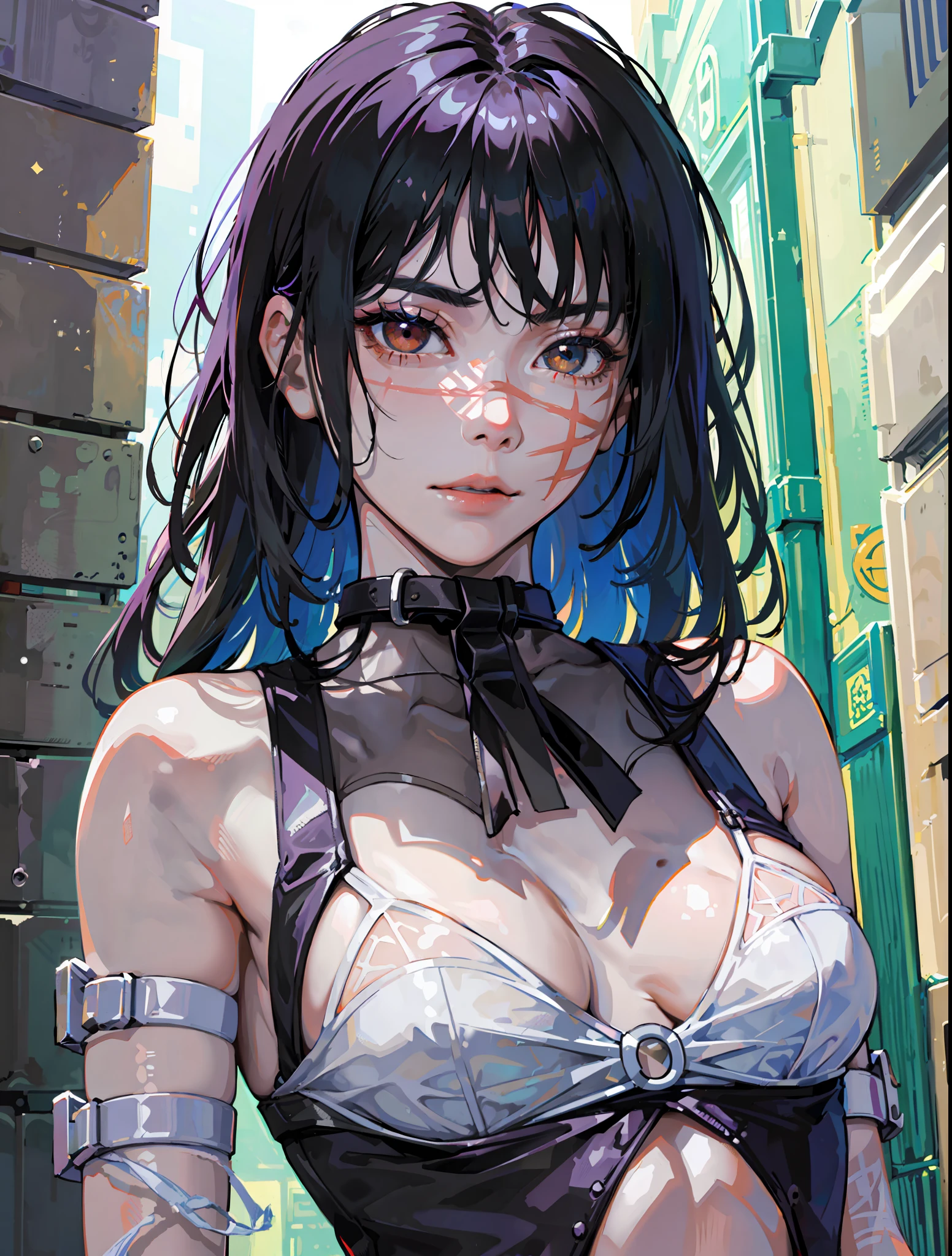 ((masterpiece, best quality)), (1girl), (solo), (female focus), yoru \(chainsaw man\),(very detailed face, real image, realistic white skin, realistic body, intricate details), Very close, looking at the viewer, black hair, intimidating look, stylish clothes, bandages, bruising, small breasts