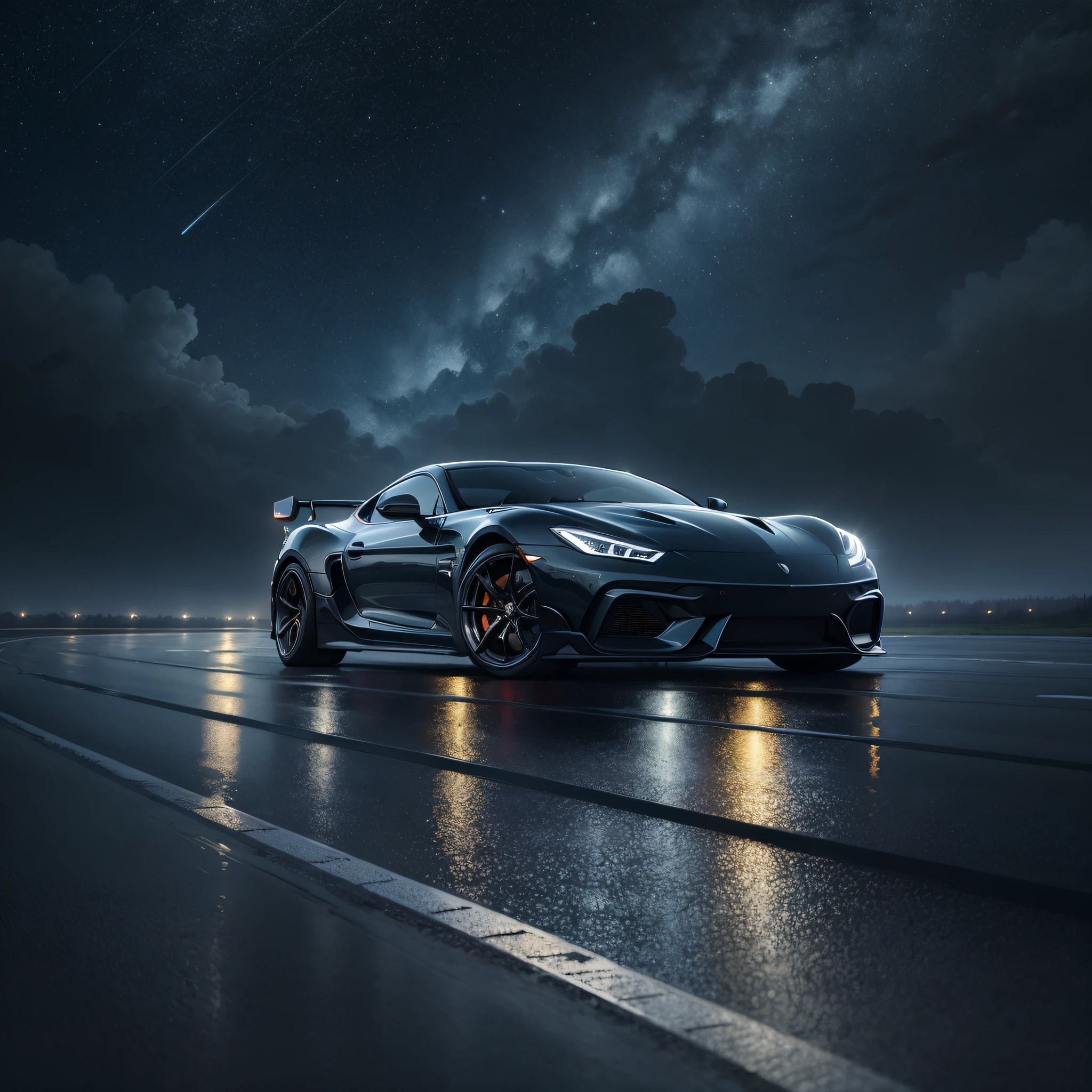 Detailed starry sky, sports car driving on rainy highway, no one, official art, best quality, body streamer, body reflective starry sky, obvious reflection, starry picture, starlight body