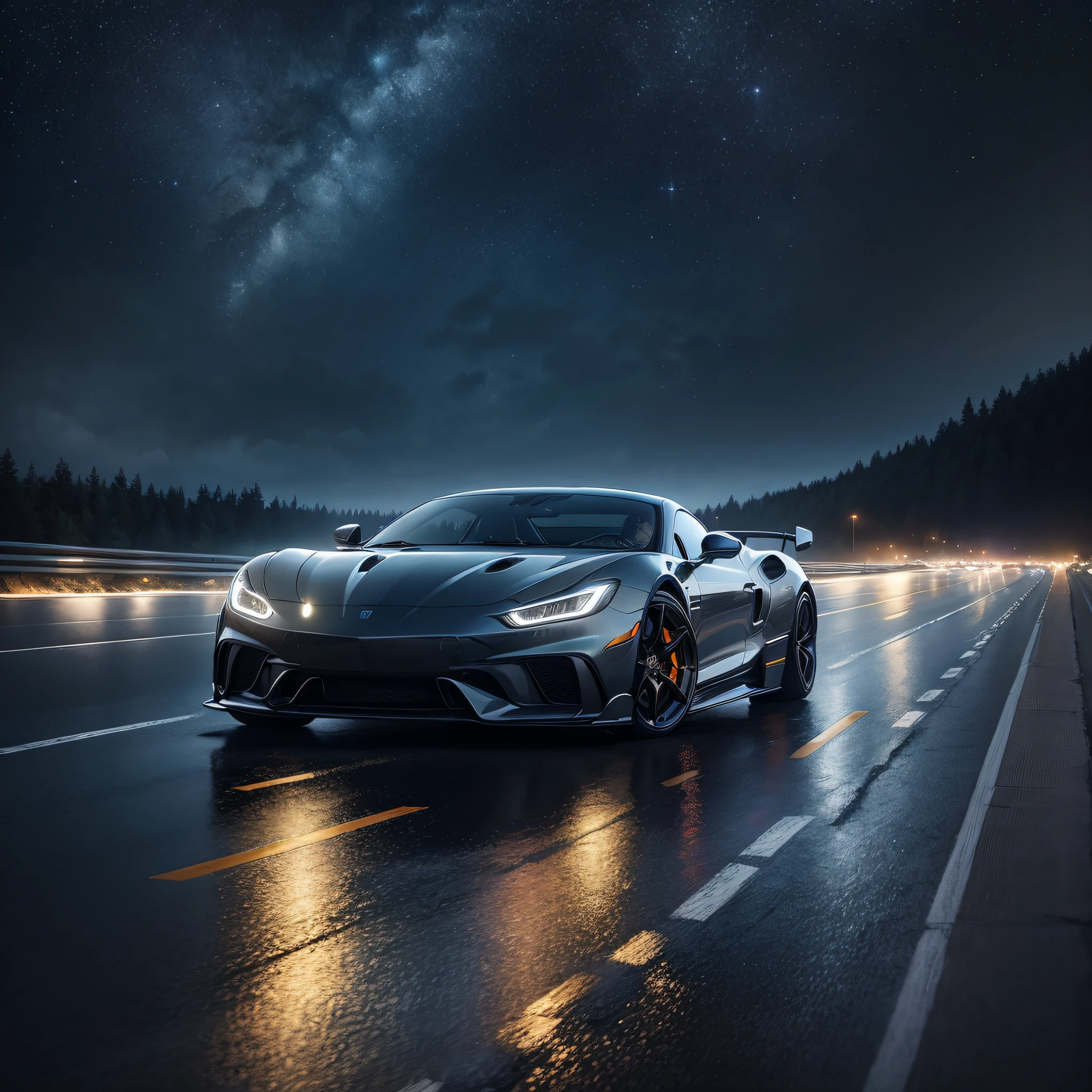 Detailed starry sky, sports car driving on rainy highway, no one, official art, best quality, body streamer, body reflective starry sky, obvious reflection, starry picture, starlight body