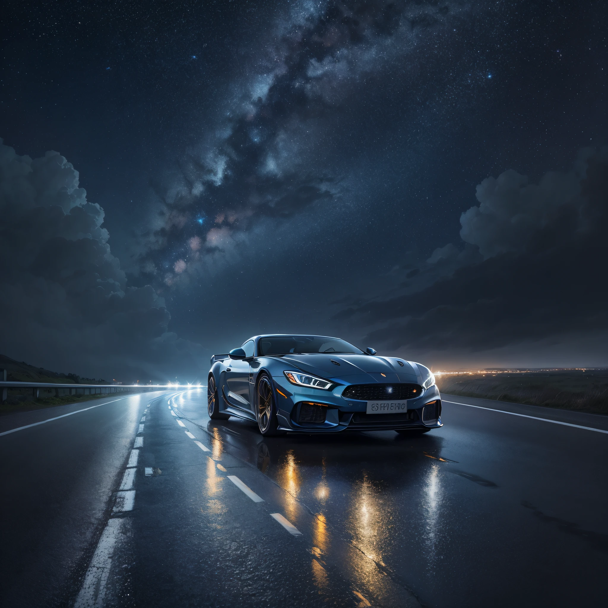 Detailed starry sky, sports car driving on rainy highway, no one, official art, best quality, body streamer, body reflective starry sky, obvious reflection, starry picture, starlight body