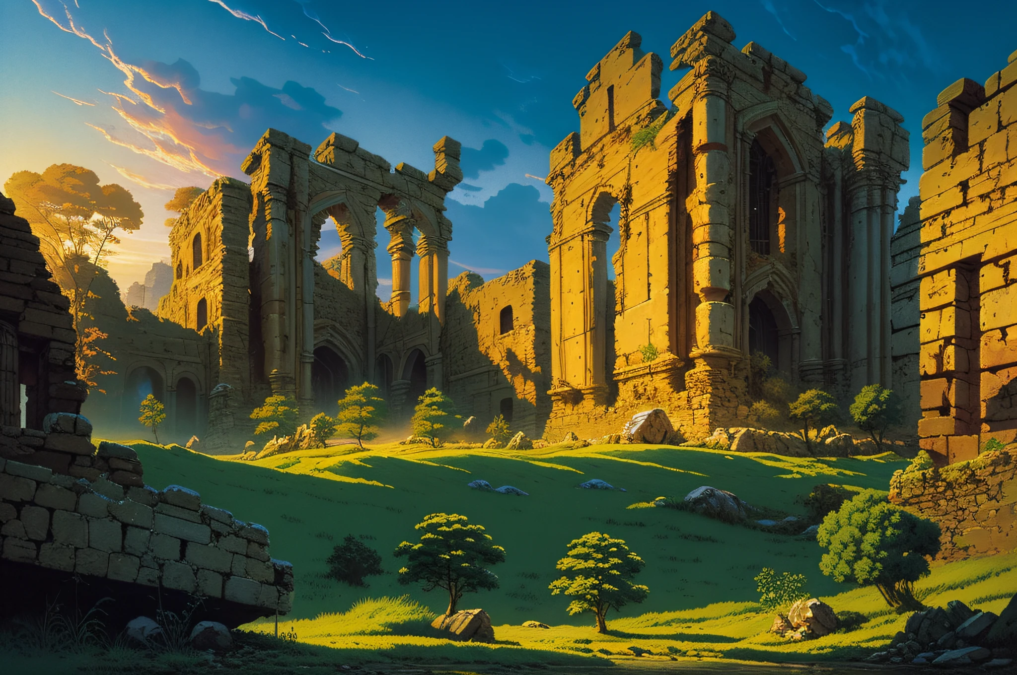 ruins of a village, clear autumn day, hdr, uhd, perfect composition, beautiful detailed intricate, insanely detailed, octane render, trend in artstation, oil splatter, 8 k, concept art, natural smooth, cinematic volumetric, perfect light, chiaroscuro, award-winning photography, masterpiece, oil on canvas, raphael, caravaggio, greg rutkowski, beeple, beksinski, giger