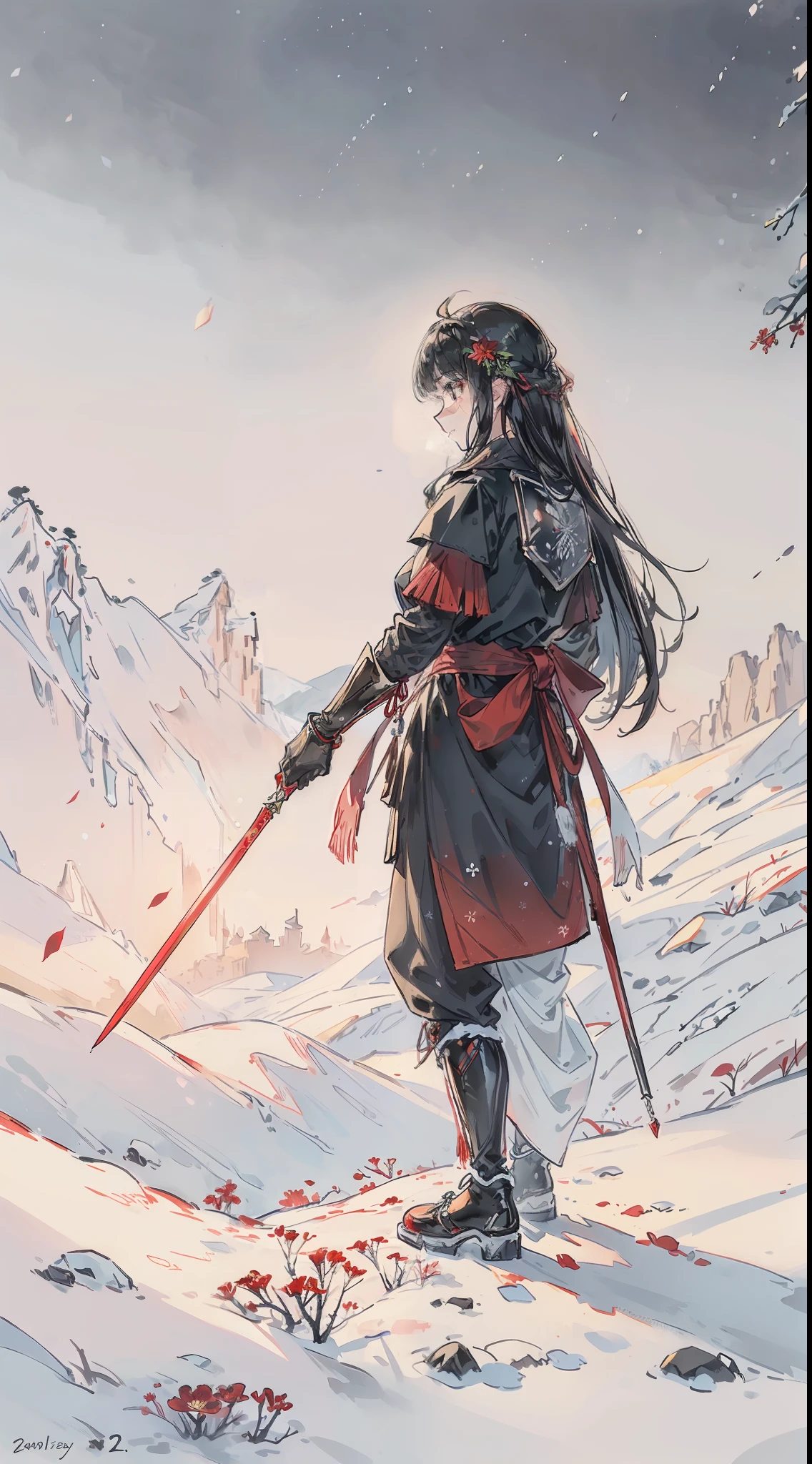 (most beautiful, extremely delicate and precious, masterpiece, best quality) A colorful (black and red-colored: 1.3) flower, standing proudly on the battlefield of (chilled polar night: 1.2), no other flower can compare with it, wearing a bright black armor: 1.2 (Petals scattered on frozen earth: 1.2) Alone, staring into the distance, melting snow under your feet, and war-torn earth in the distance, (glistening snowflakes: 1.2) slowly falling from the sky, emitting dazzling light.