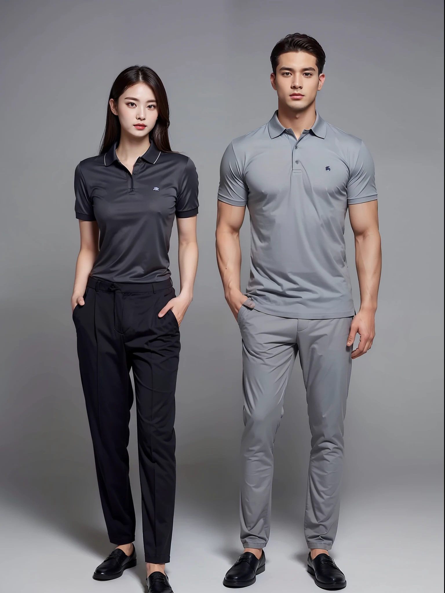 Dark gray polo shirt with tapered trousers.