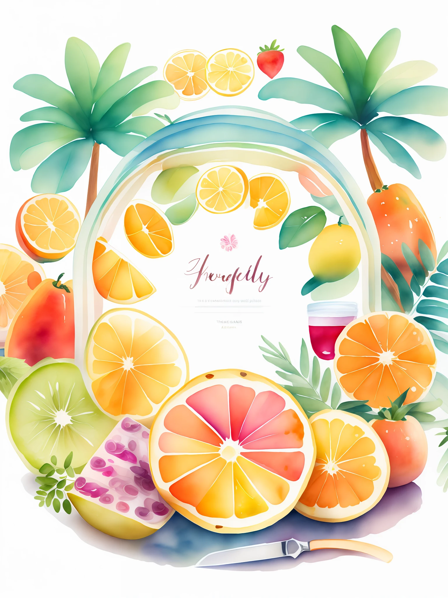 beautiful composition forming a circle centered in the white background, tropical sliced fruits, breads with knife and jelly, juice in a jar, jelly in a bottle, at a park, clipart, lose watercolor, trend on artstation, cozy background, space for text, design rules