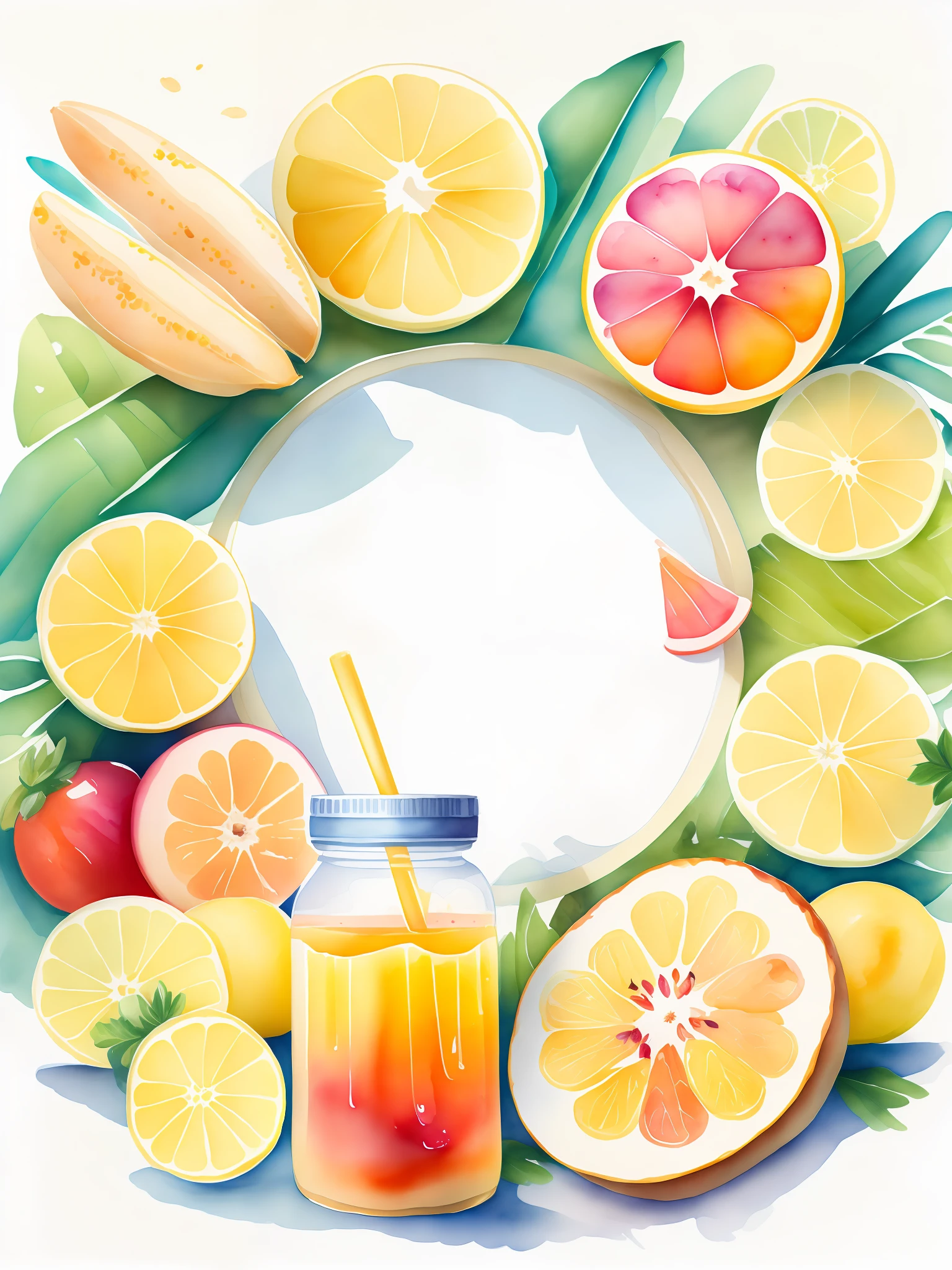 beautiful composition forming a circle centered in the white background, tropical sliced fruits, breads with knife and jelly, juice in a jar, jelly in a bottle, at a park, clipart, lose watercolor, trend on artstation, cozy background, space for text, design rules