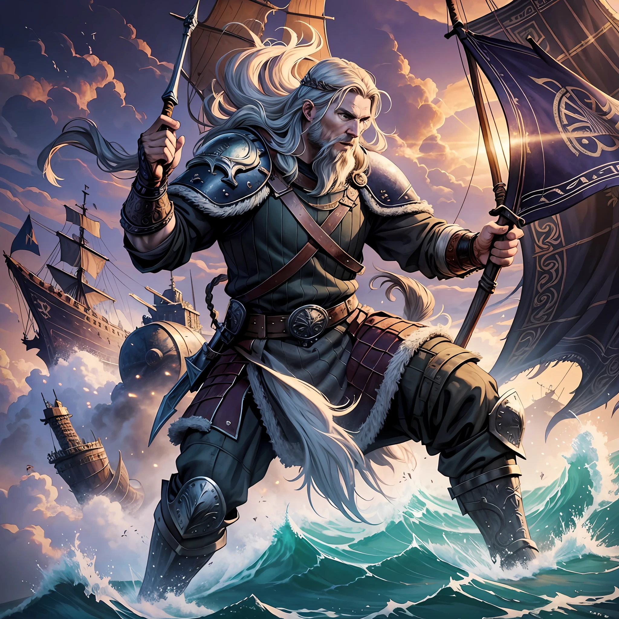 imagine vikings conquering territory in war on ships, full body illustrative viking, detailed artwork, cinematic lighting, hyper-realistic --auto --s2