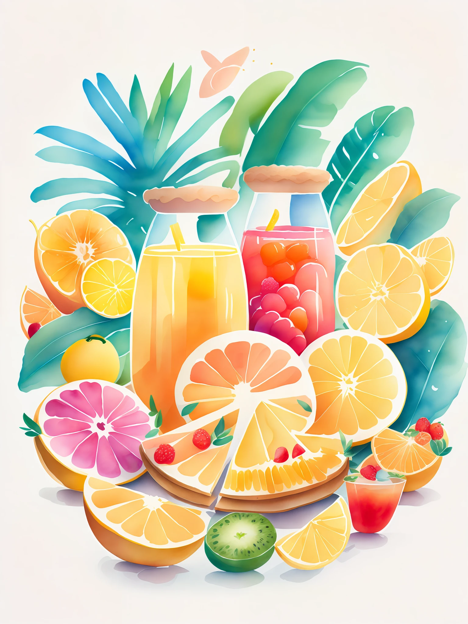 beautiful composition forming a circle centered in the white background, tropical sliced fruits, breads with knife and jelly, juice in a jar, jelly in a bottle, at a park, clipart, lose watercolor, trend on artstation, cozy background, space for text, design rules, tshirt design, rzminjourney, vector-art