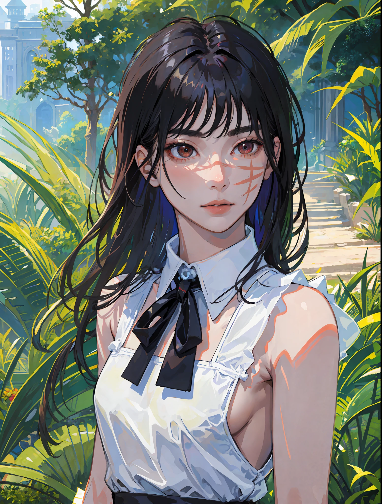 ((masterpiece, best quality)), (1girl), (solo), (female focus), yoru \(chainsaw man\),(very detailed face, real image, realistic white skin, realistic body, intricate details), upper body, focus on face, intimidating look, black pinafore dress, neck ribbon, small breasts