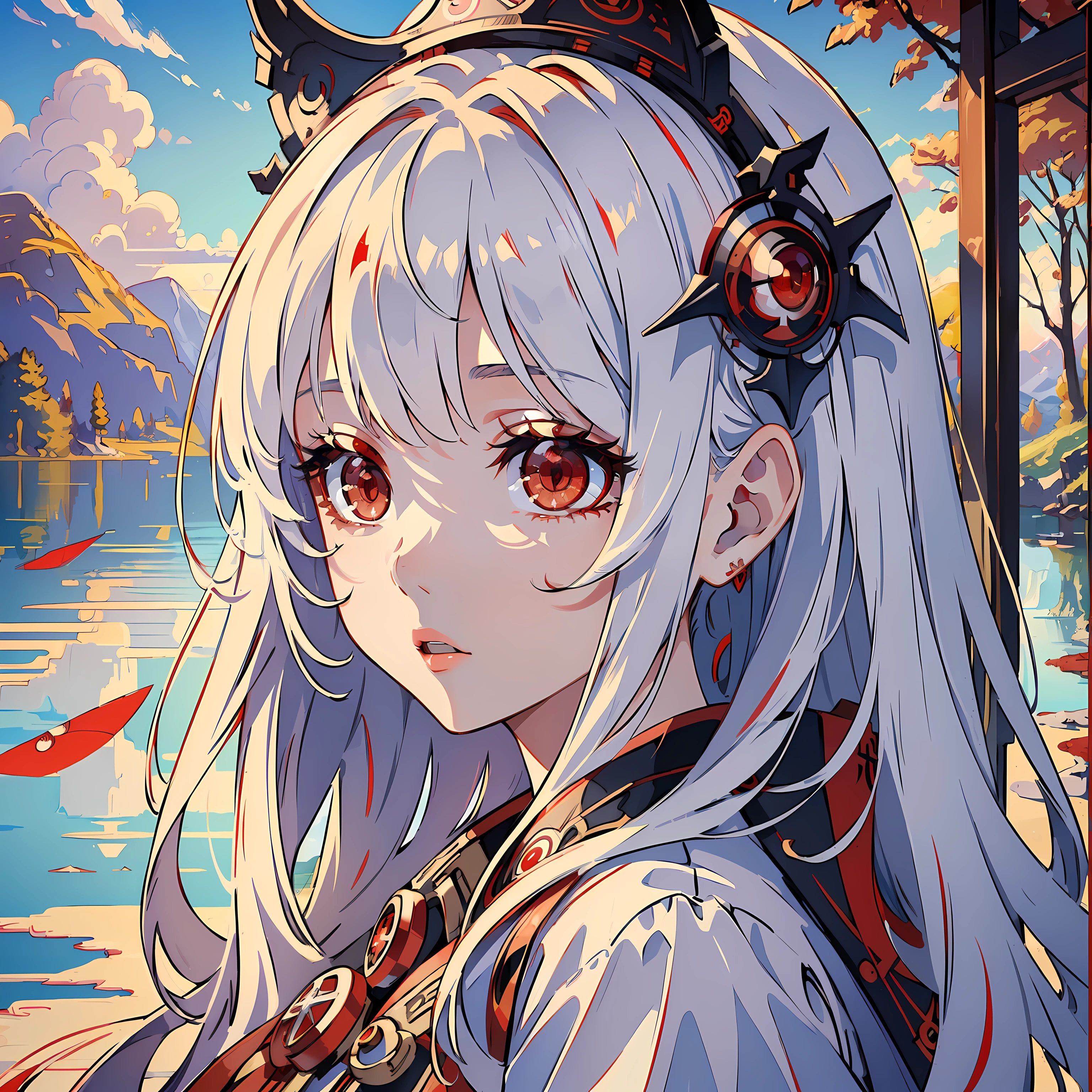 (masterpiece:1.2), (artwork:1.2), (amazing finish:1.2), (eye details:1.3), (portrait:1.1), (1girl) with long white hair with (bangs) wearing a beautiful white blouse, (detailed scenery 8k CG:1.3), beautiful background of amazing lake landscape, (vibrant bright red eyes with symbols+_+:1.3), (Wlop:1.4 style)