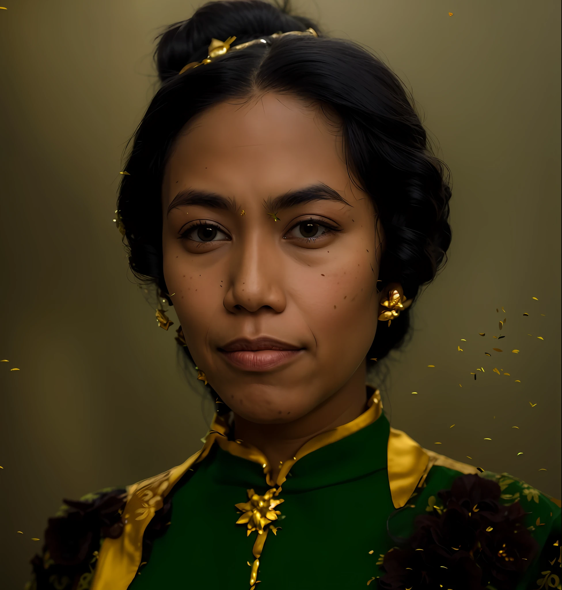 Photo of a woman in a green dress with a gold necklace, indonesian face, seriously, potrait, portrait”, portrait of lumastina celerraria, black hair color