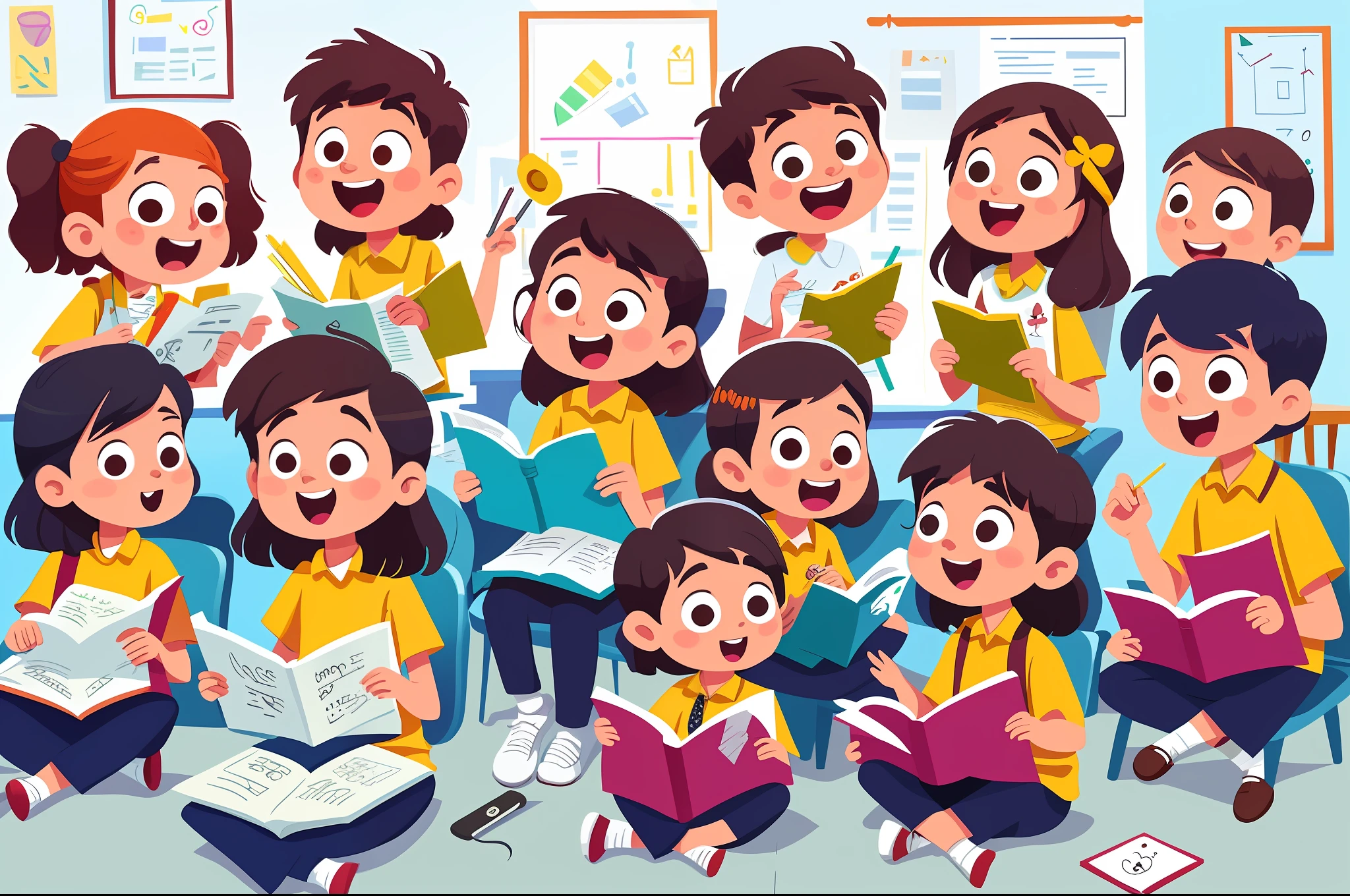 animated students studying and practicing pronunciation