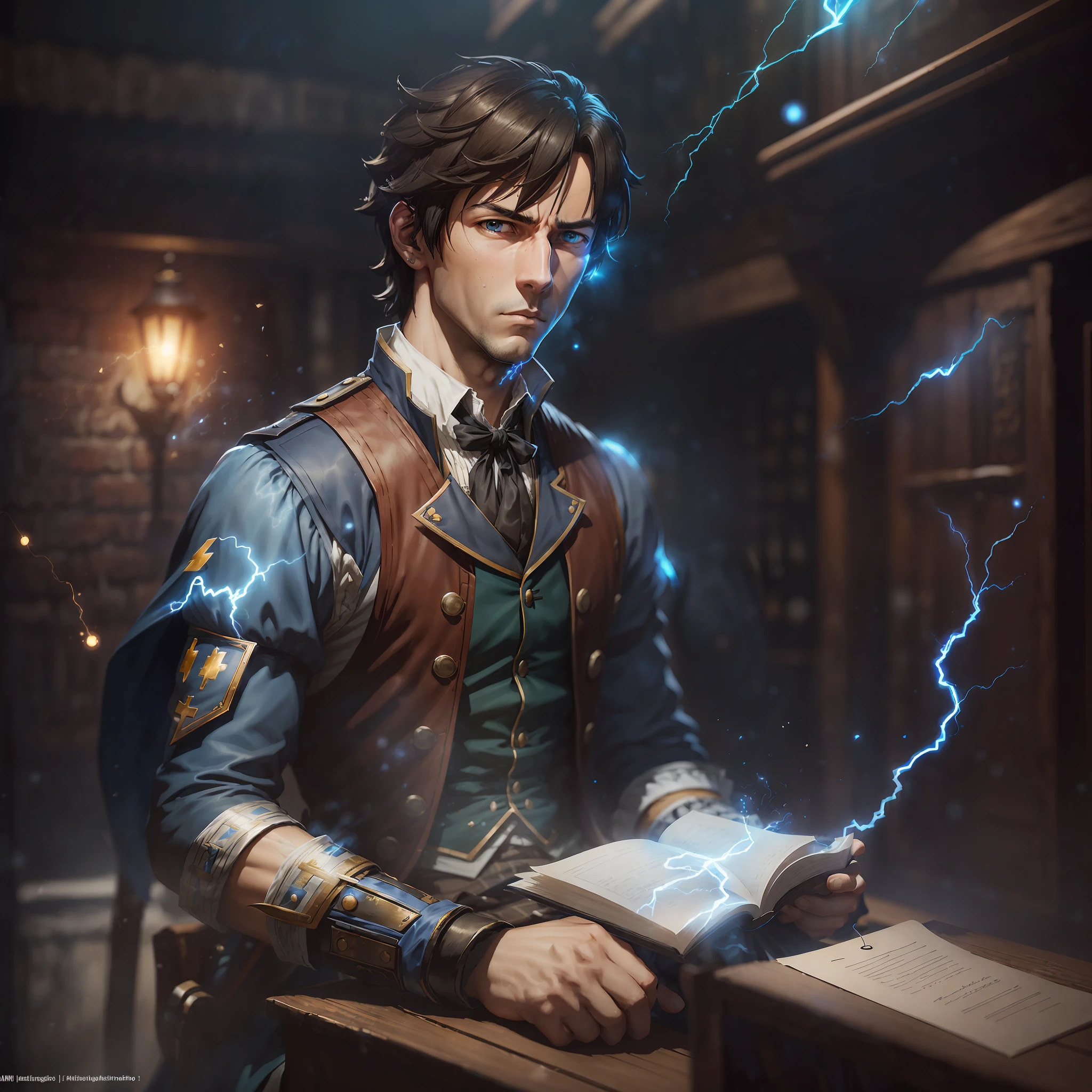 (Man in period costume, well-mannered reader, sitting in tavern drinking, 3D rendering, blue and black lightning particles emitting around), school entrance in the background, clear HD, 8K resolution, very detailed, digital painting, concept art, Shinkai Makoto style, pop popularization trend, pop, pop trend. --auto --s2